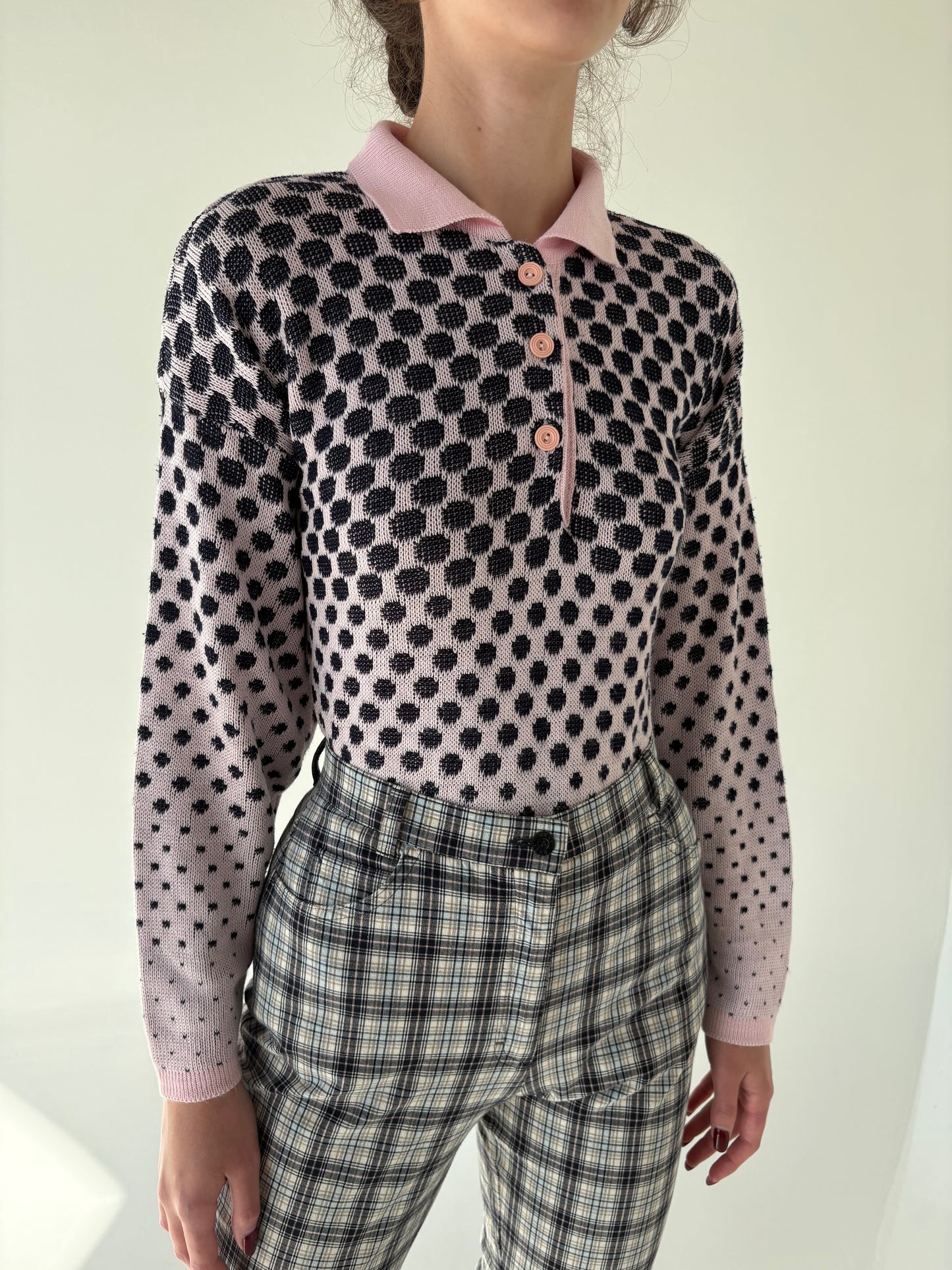 Pulover vintage polo roz pudrat cu Navy din mix de lana extrafina