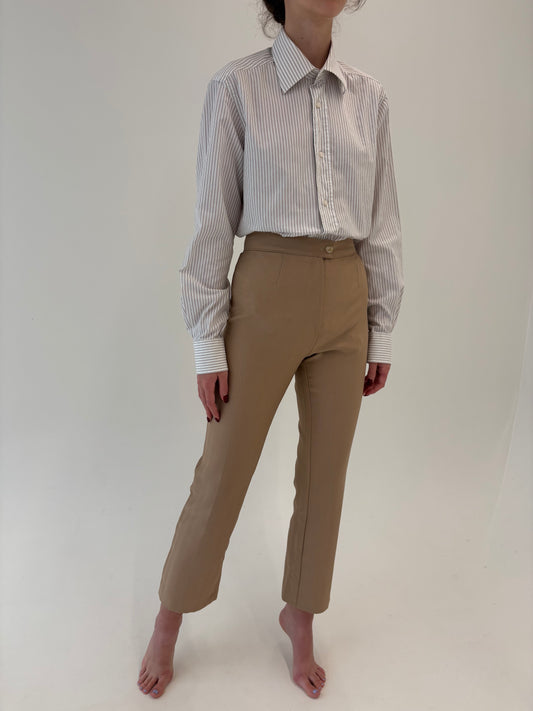 Pantaloni camel din twill din mix de lana extrafina cu talie înaltă