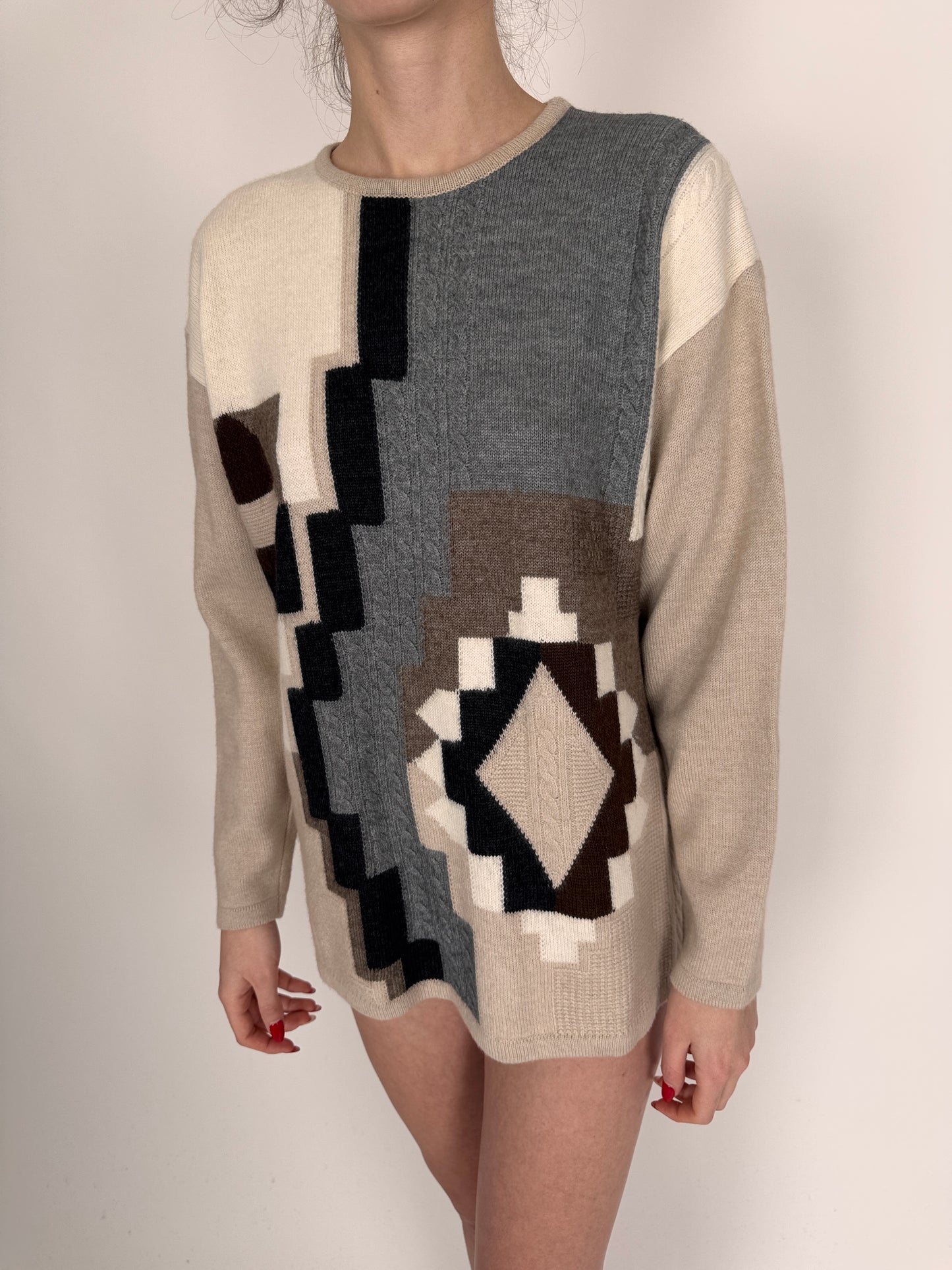 Pulover cu print geometric din lana extrafina de gramaj mare
