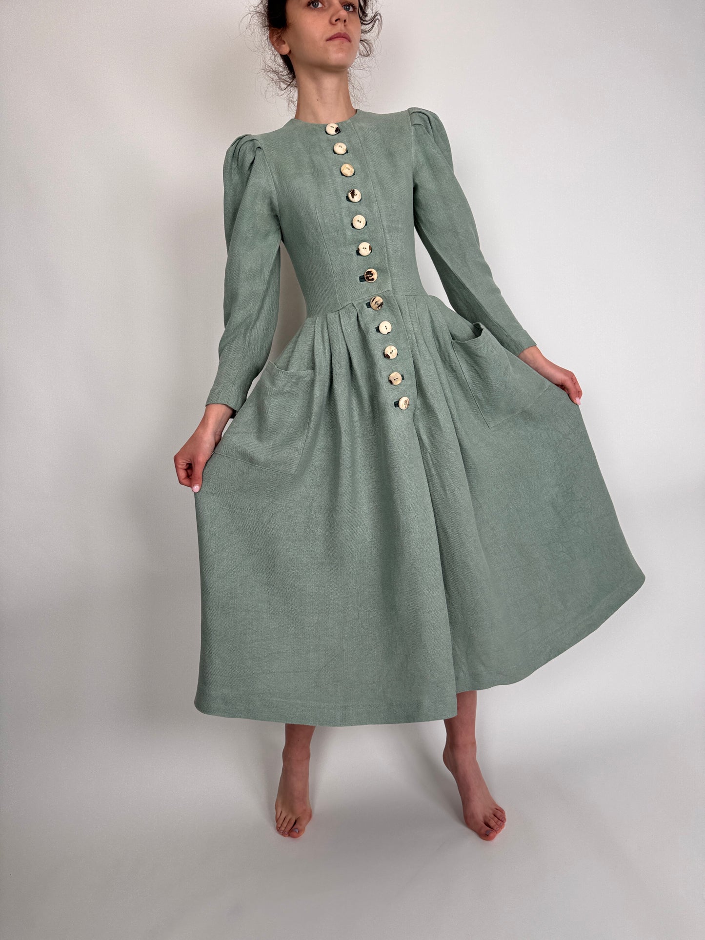Rochie vintage superbă tea green din pânză de in