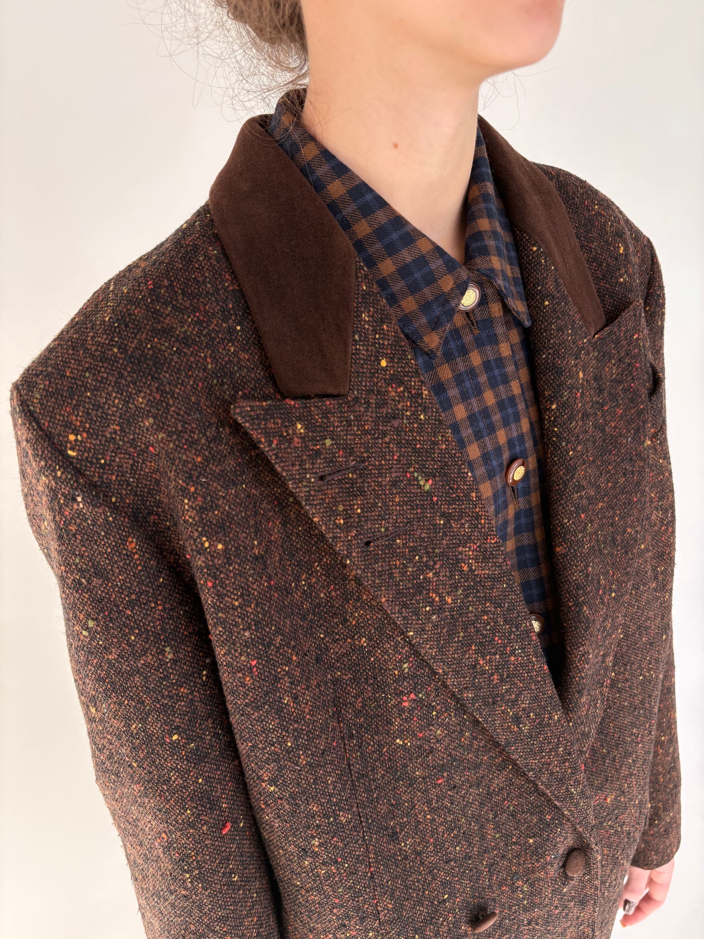 Sacou vintage chocolate brown din tweed de lana cu inserții colorate