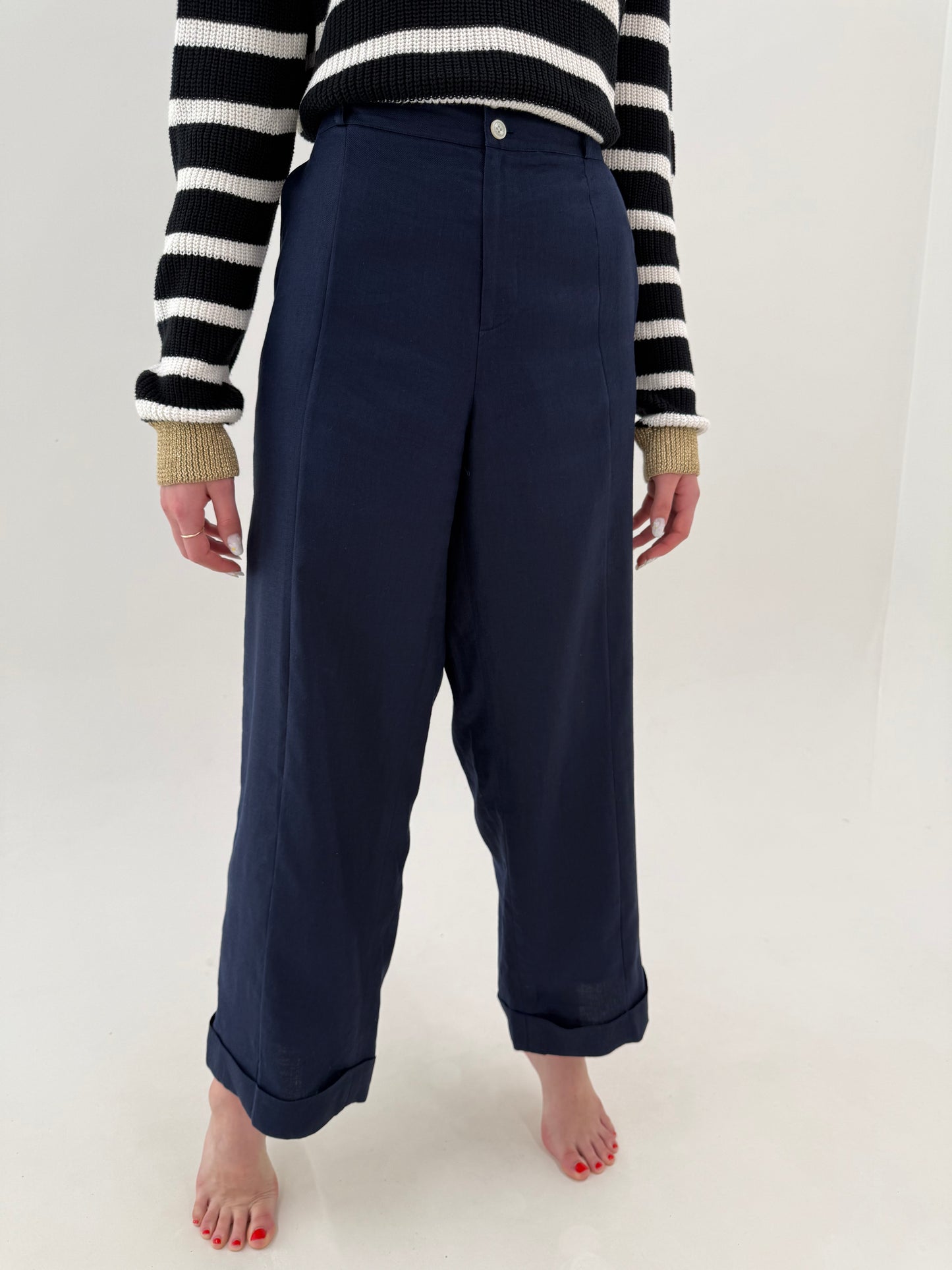 Pantaloni Navy Ralph Lauren din pânză de in