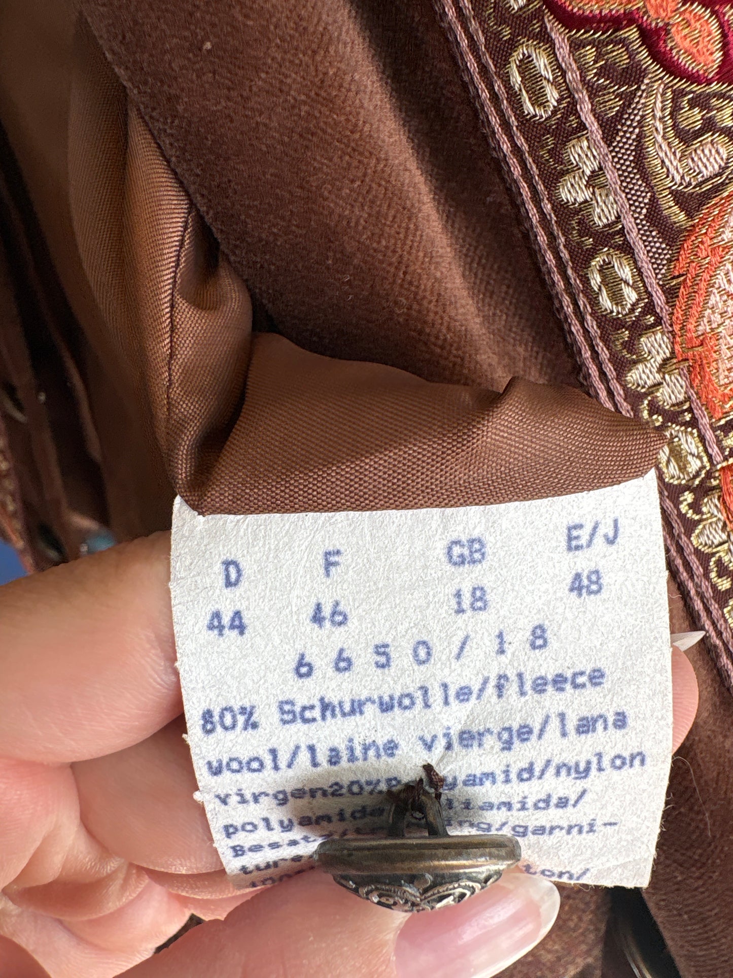 Sacou vintage caramel brown 80% lana cu inserție de brocart nou cu eticheta