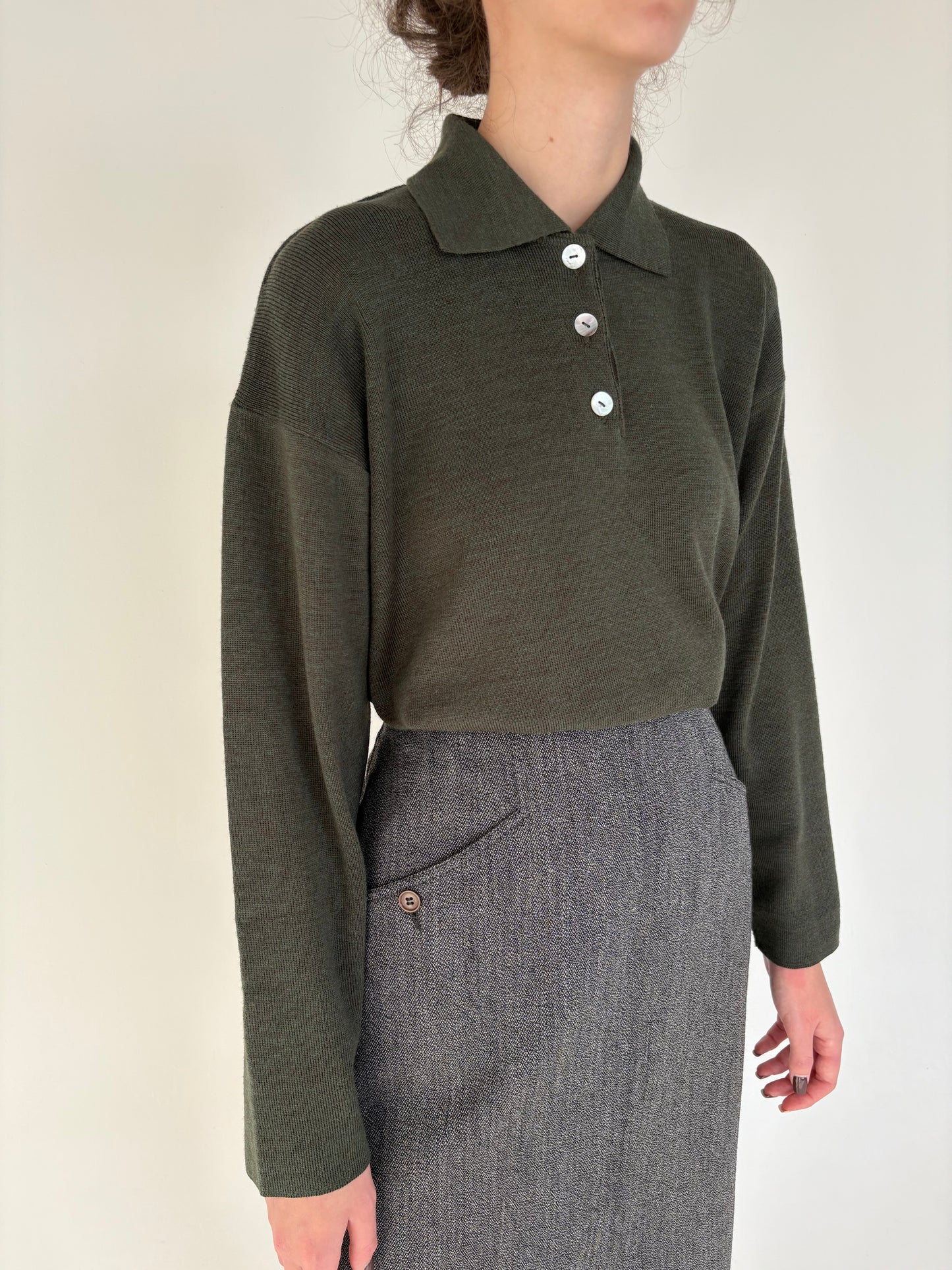 Pulover polo italian forest green din lana merino extrafina de gramaj mare