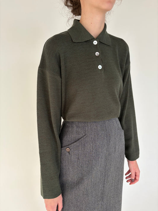 Pulover polo italian forest green din lana merino extrafina de gramaj mare