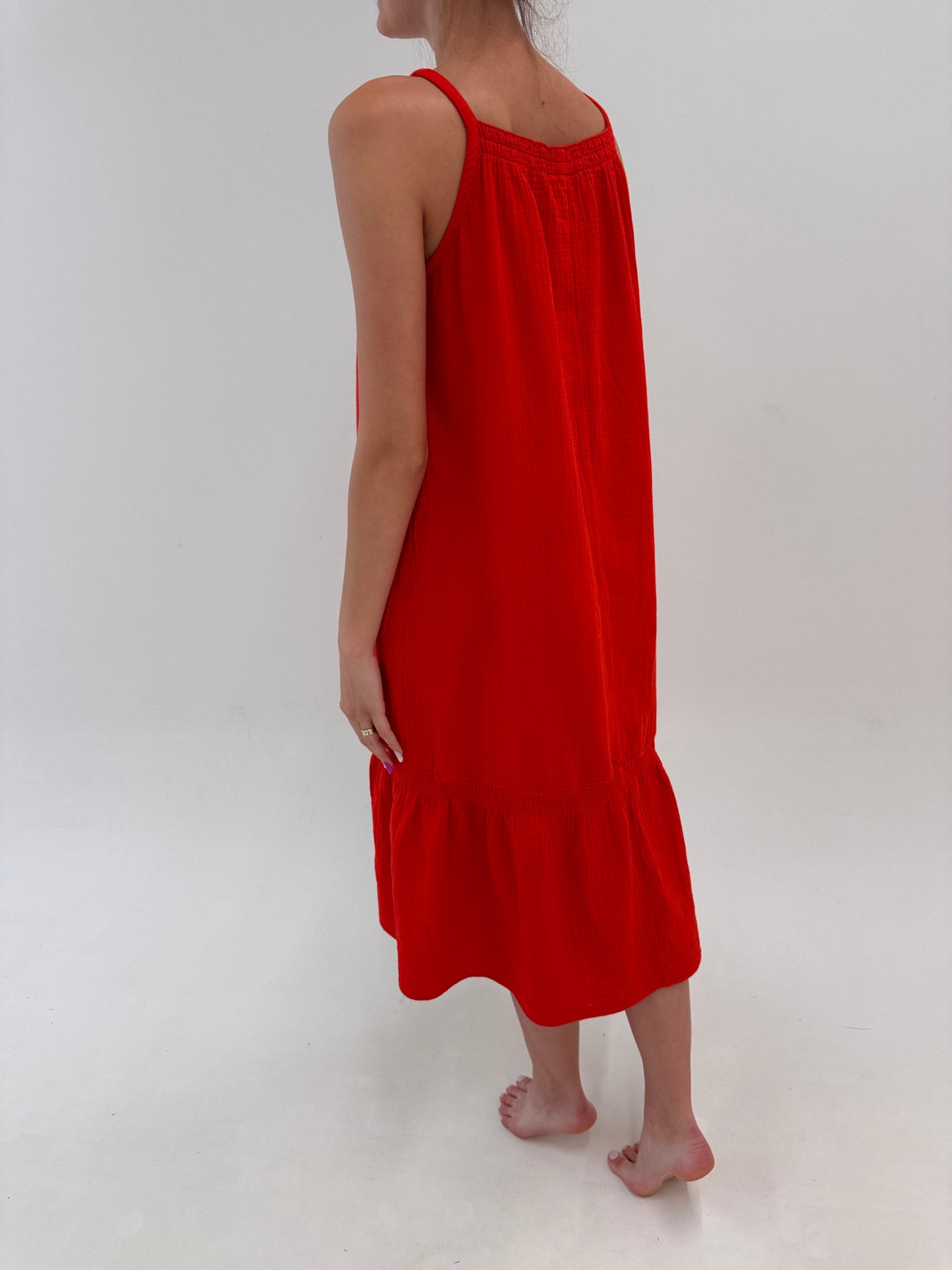 Rochie cherry red maxi din muselina de bumbac în croi lejer