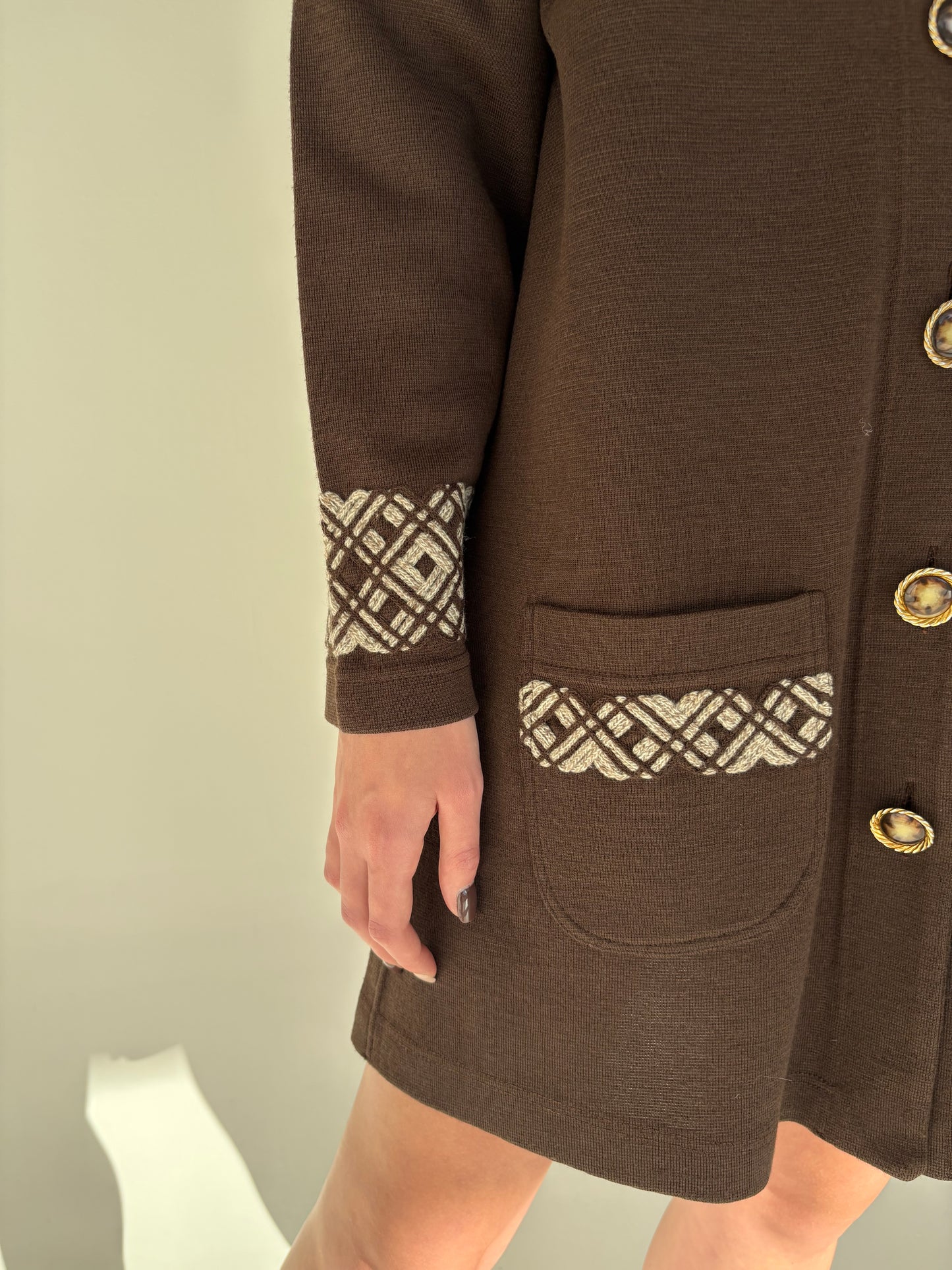 Cardigan lung tip pardesiu italian chocolate brown din lana merino plină