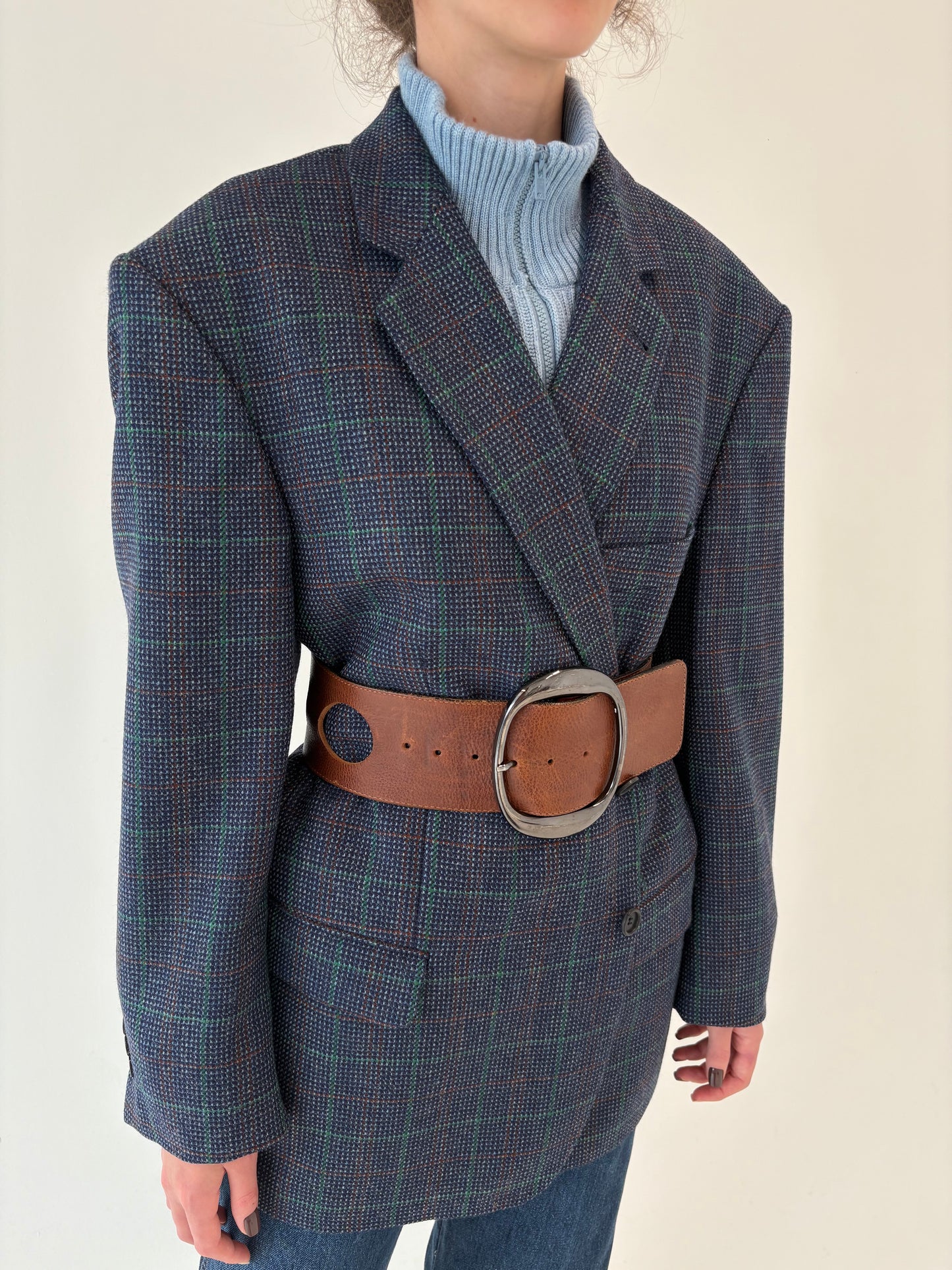 Sacou din stofă de lana ultra luxury Scabal groasă jeans blue în carouri