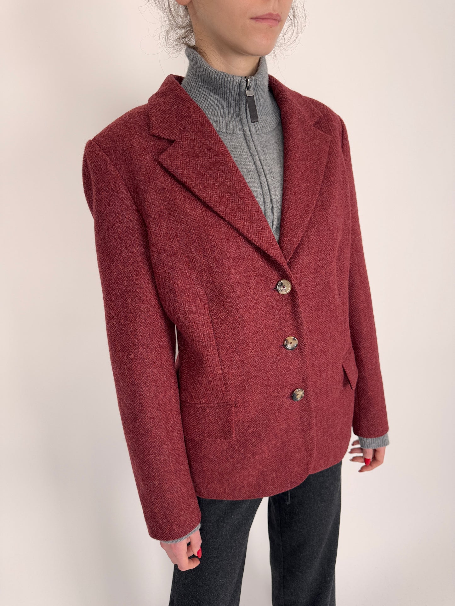 Sacou din tweed plin de lana blush red