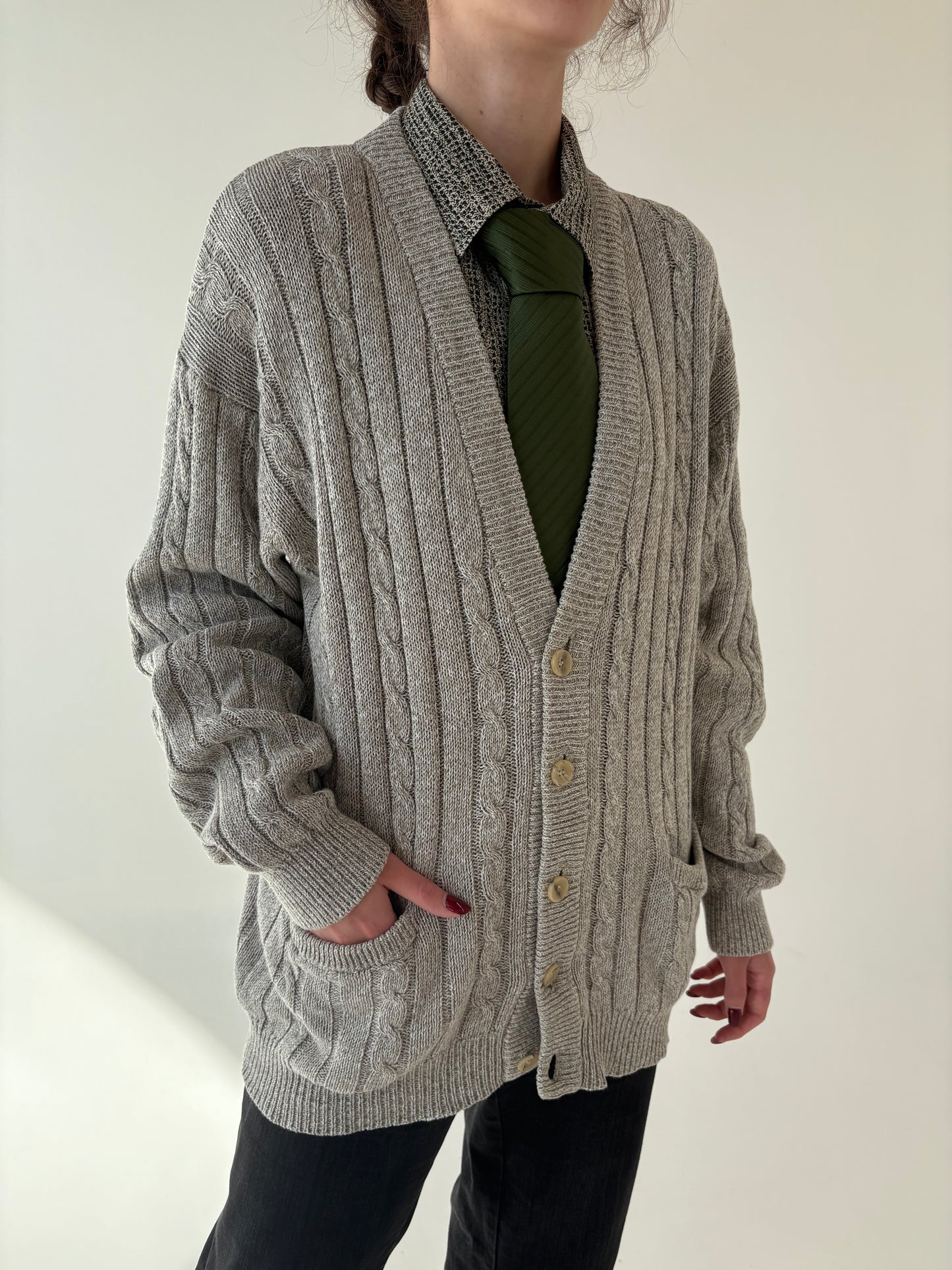 Cardigan vintage de gramaj mare cu torsade din bumbac greu