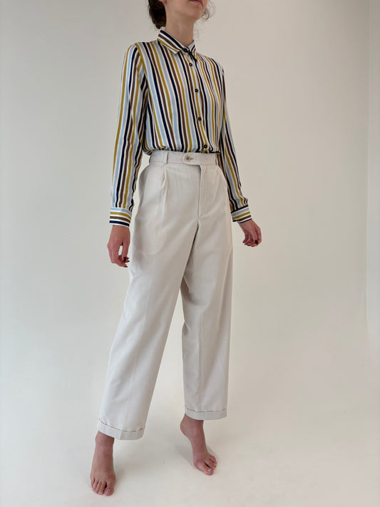 Pantaloni vintage off white italienești cu pense din gabardină de bumbac