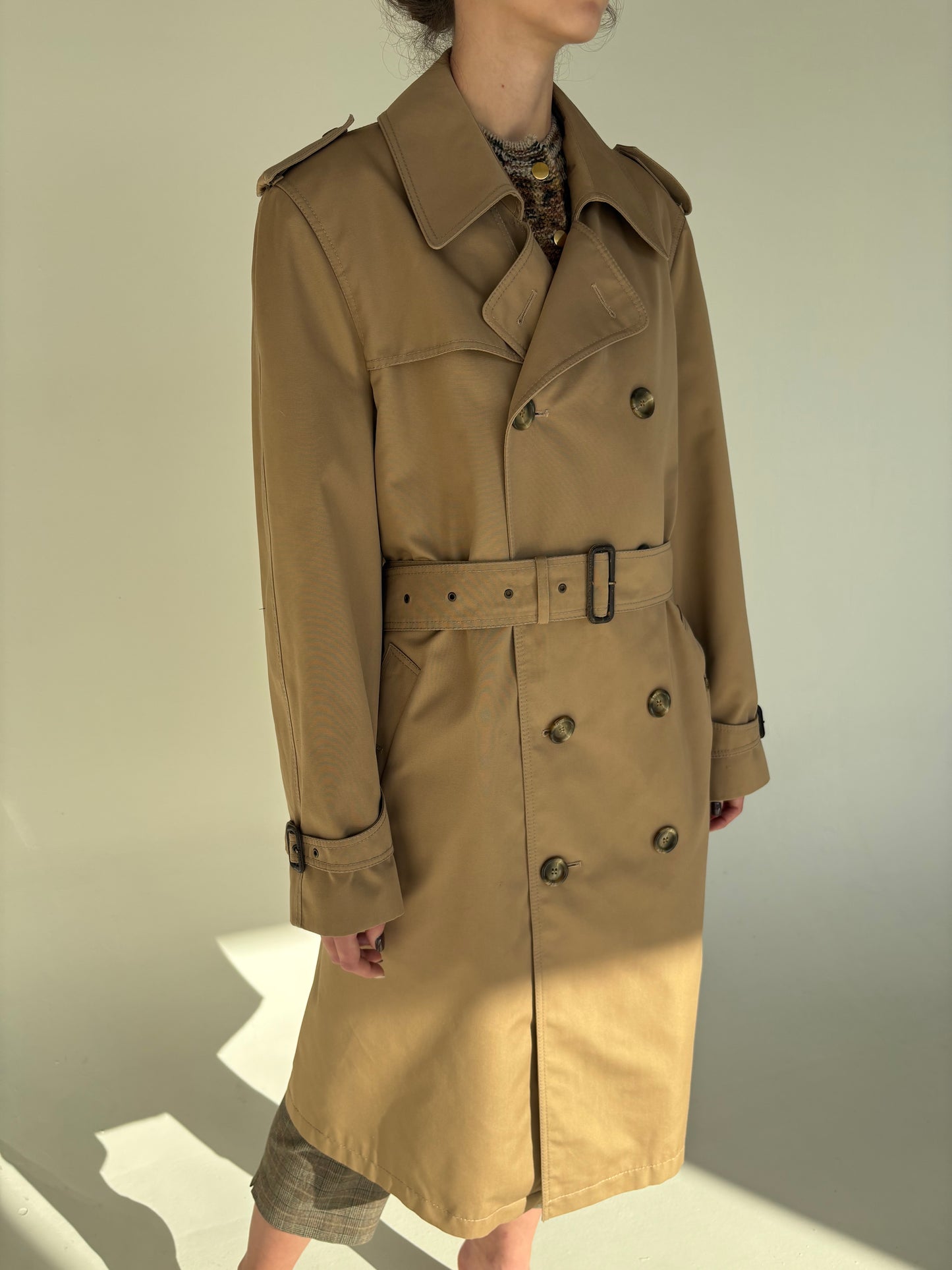 Trench vintage camel din garbardina groasă cu lana impermeabilă tall
