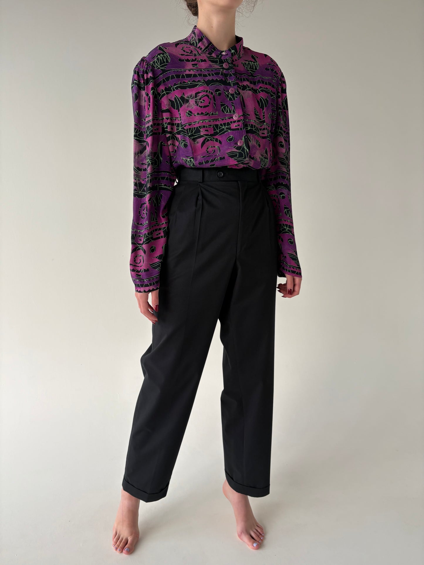 Pantaloni tall negri cu pense și talie ultra înaltă din bumbac moleskin gros