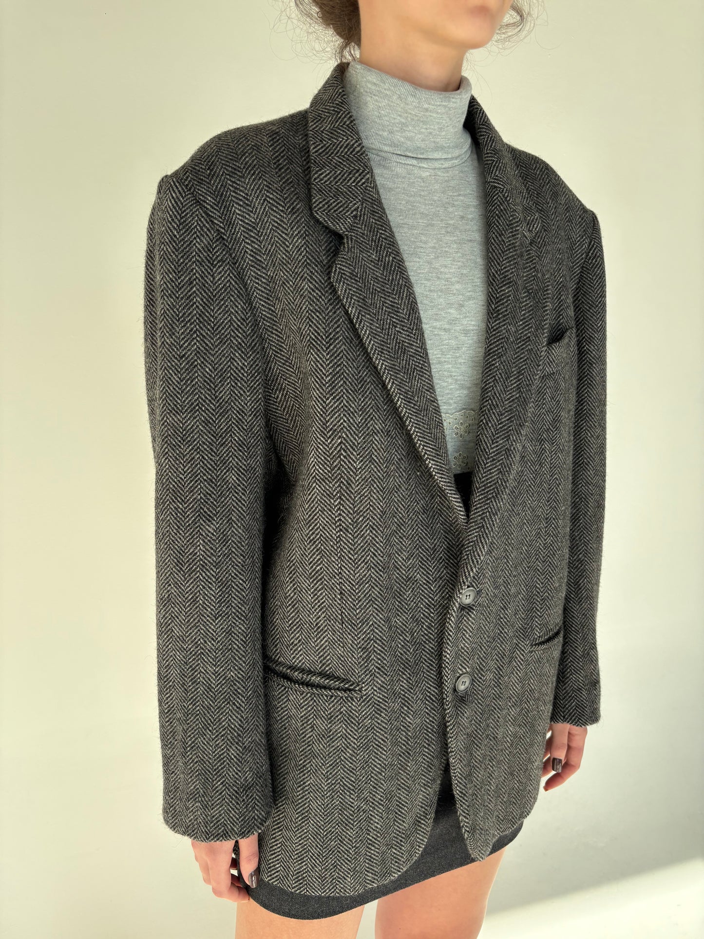 Sacou high end italian din tweed de alpaka cu lana alb negru Chevron