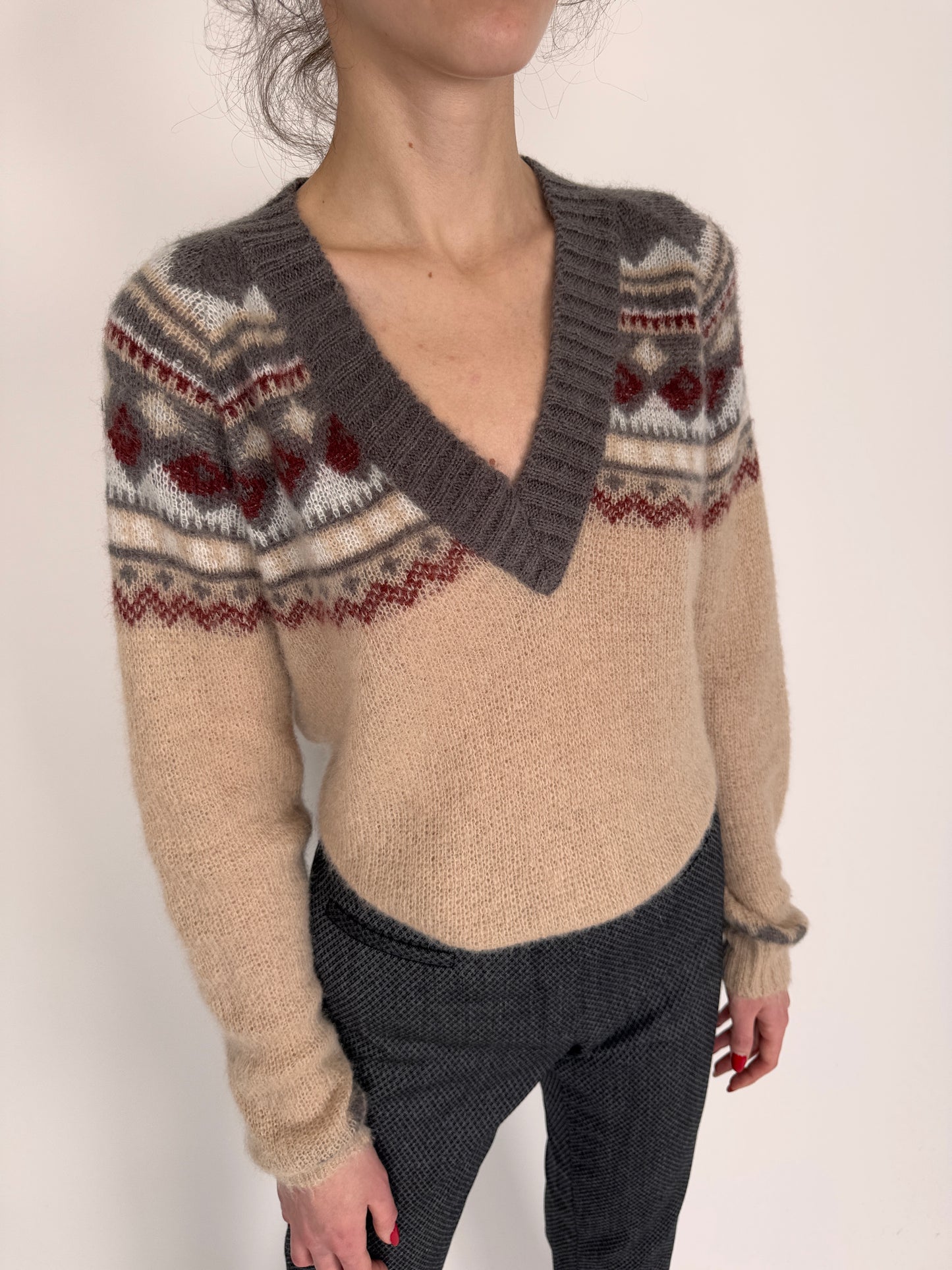 Pulover camel cu print burgundy și warm gray tall din baby mohair