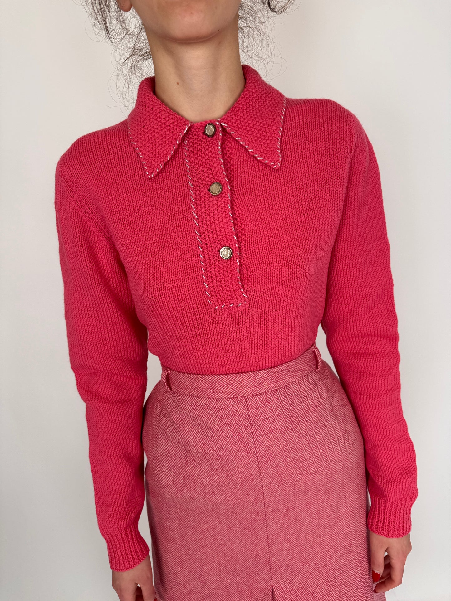 Pulover vintage polo din lana plină texturată rose Pink