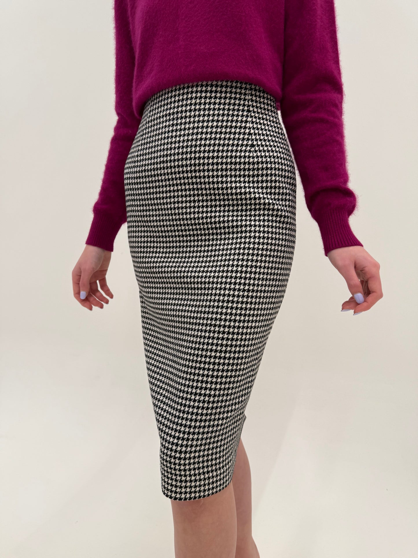 Fustă midi lung cu talie ultra ultra înaltă marcată din lana extrafina pied de coq