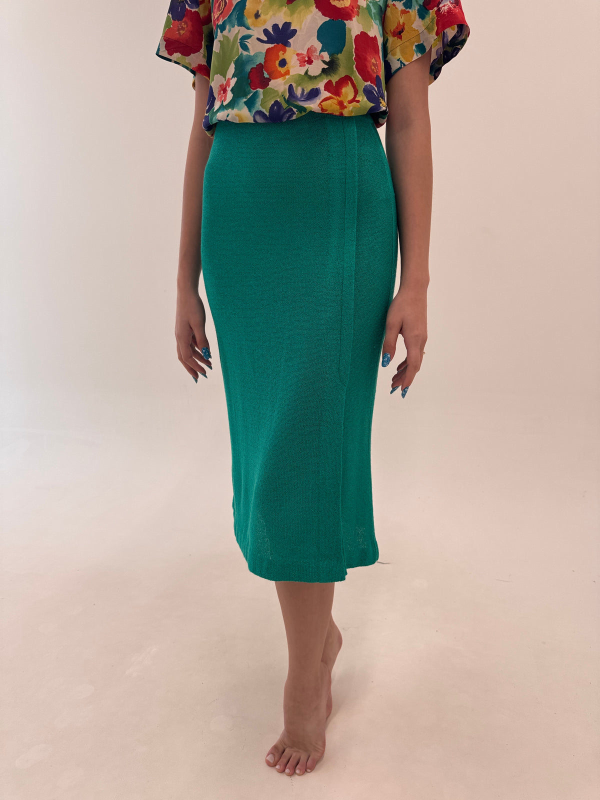 Fustă emerald green midi lung din jerse excepțional de vară cu in