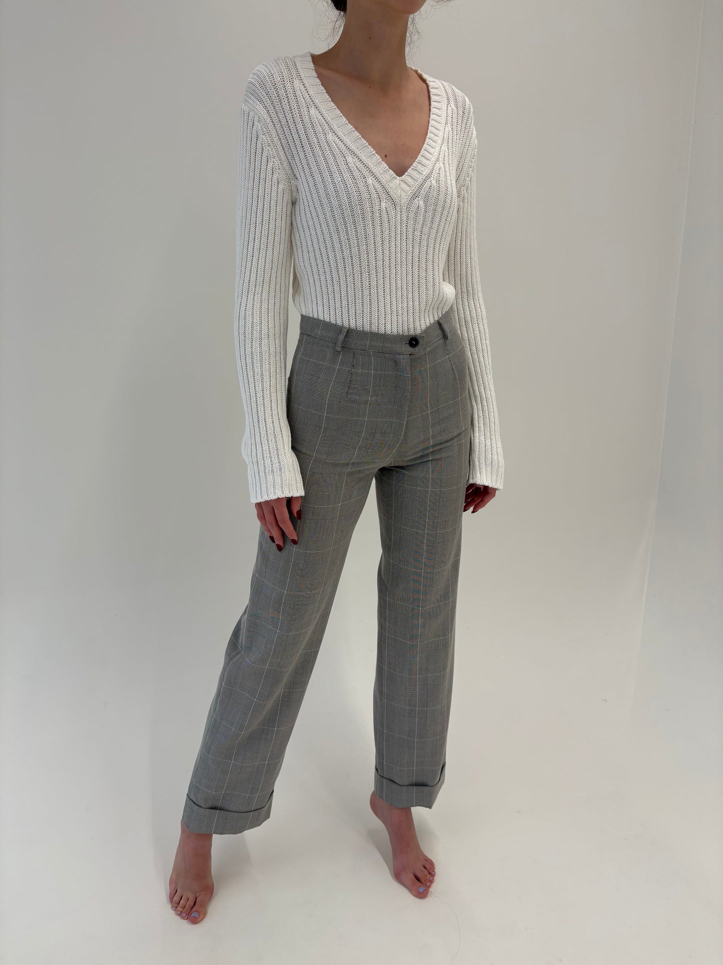 Pantaloni palazzo cu talie înaltă din stofita în carouri fine ivoire