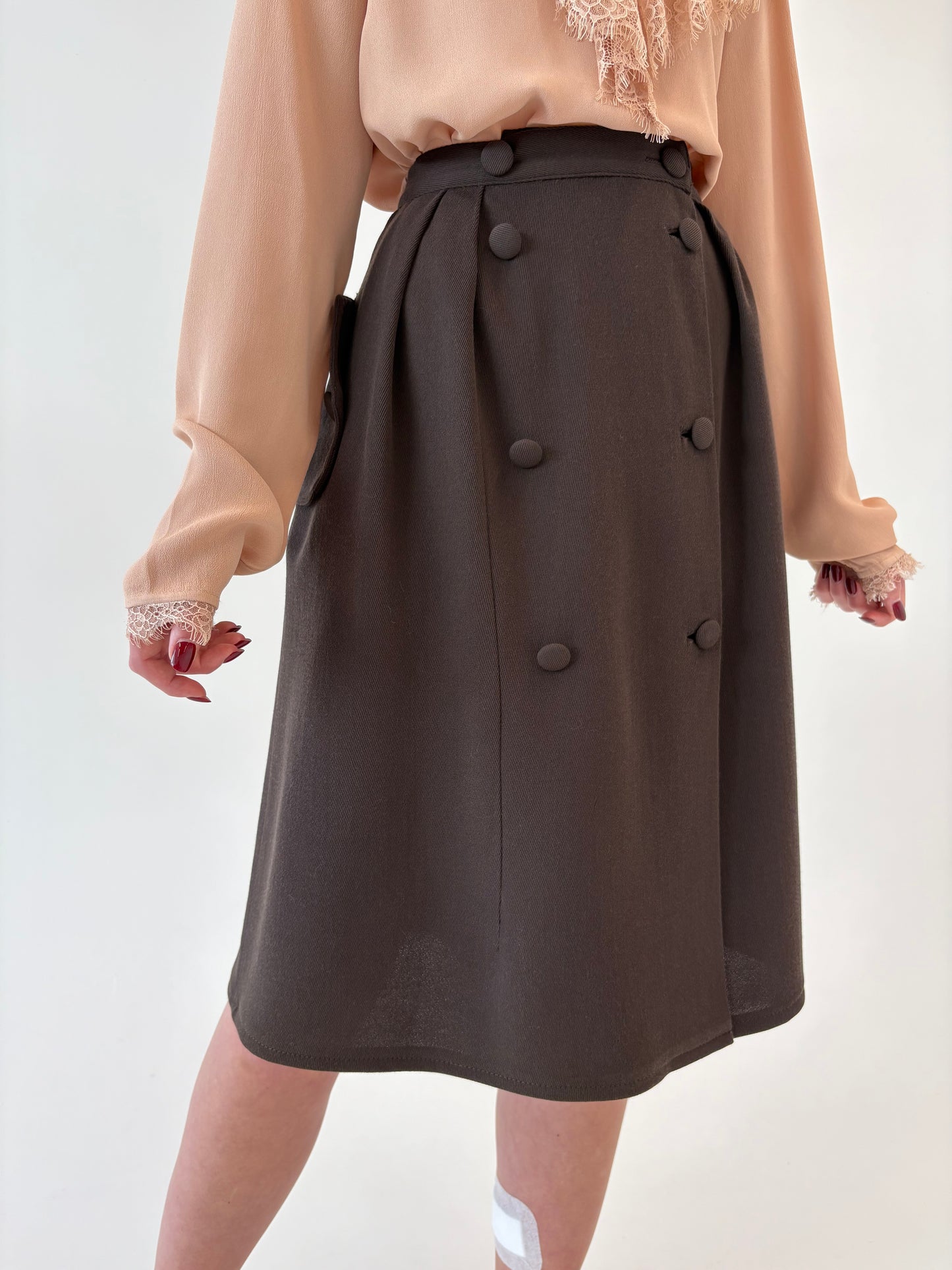 Fustă chocolate brown vintage italian cu buzunare din stofă extrafina de lana