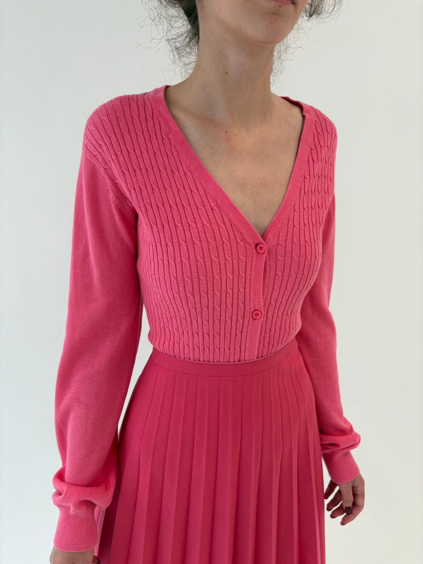 Cardigan neon pink cu torsade din bumbac