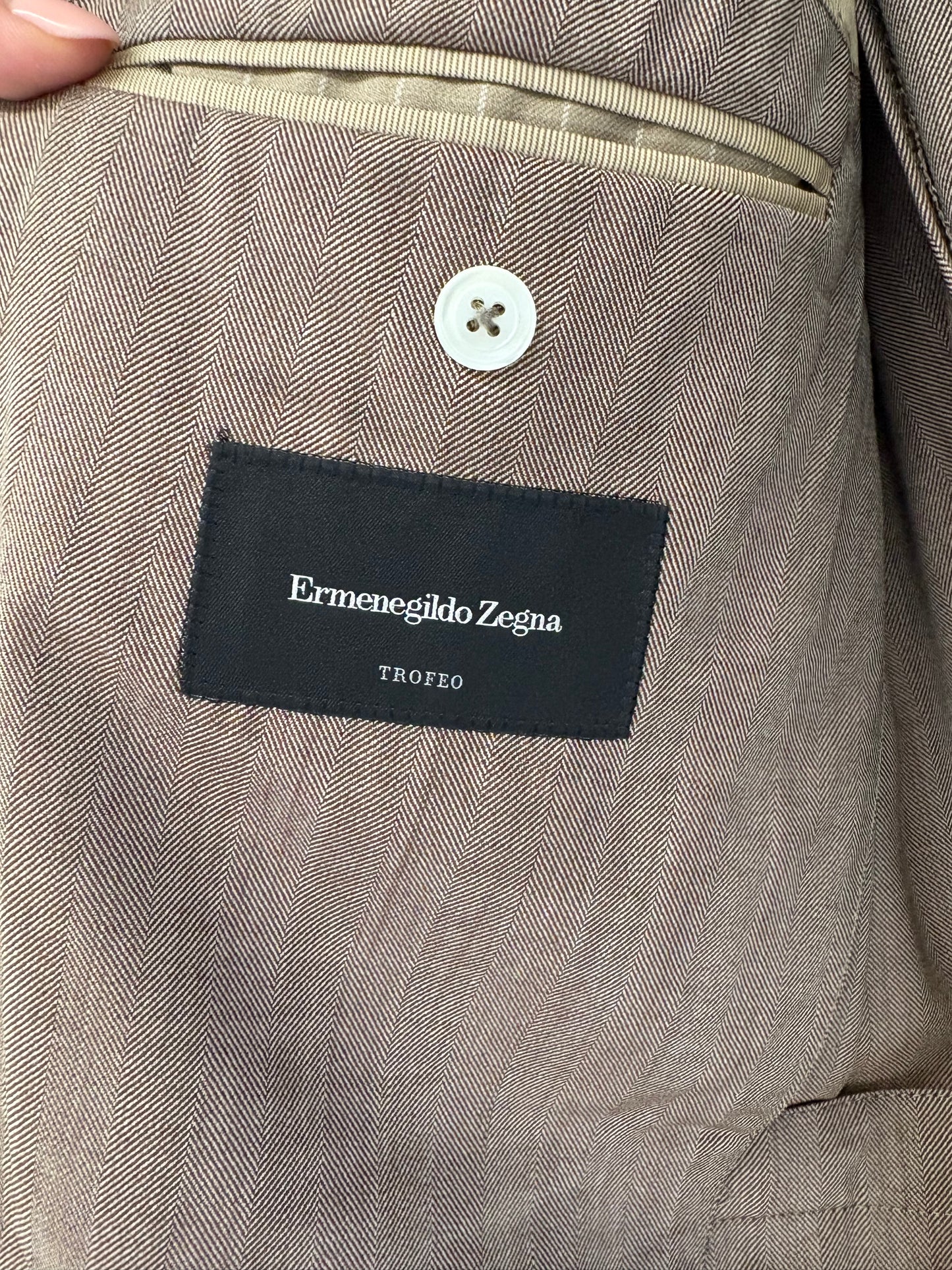 Sacou ultra luxury Zegna din stofă de lana Chevron camel și chocolate brown