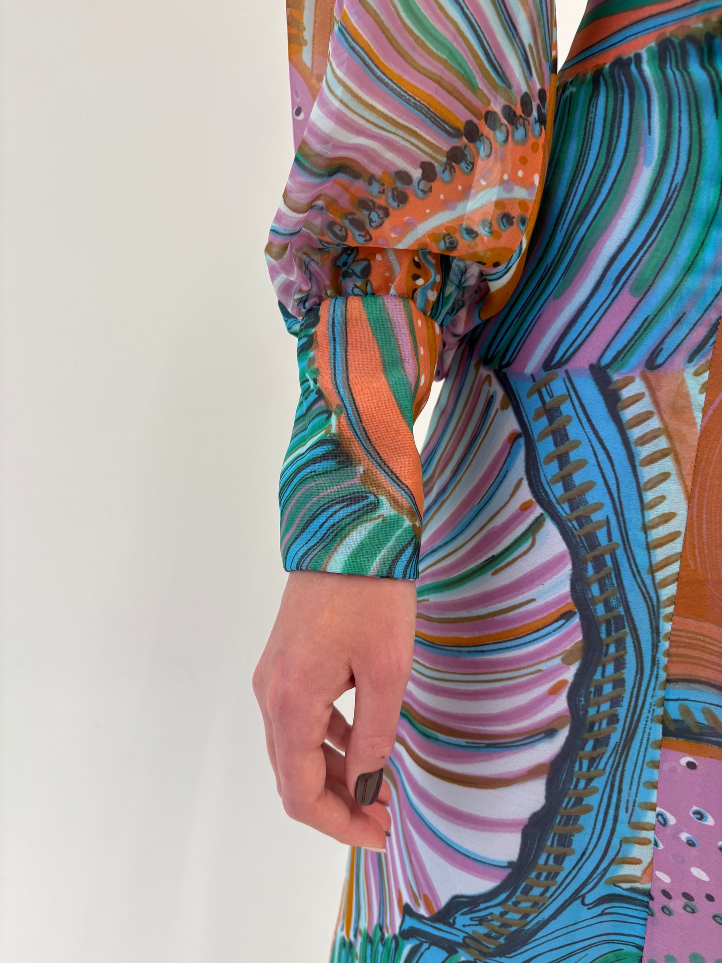 Rochie vintage maxi se seara cu print și manșete înalte