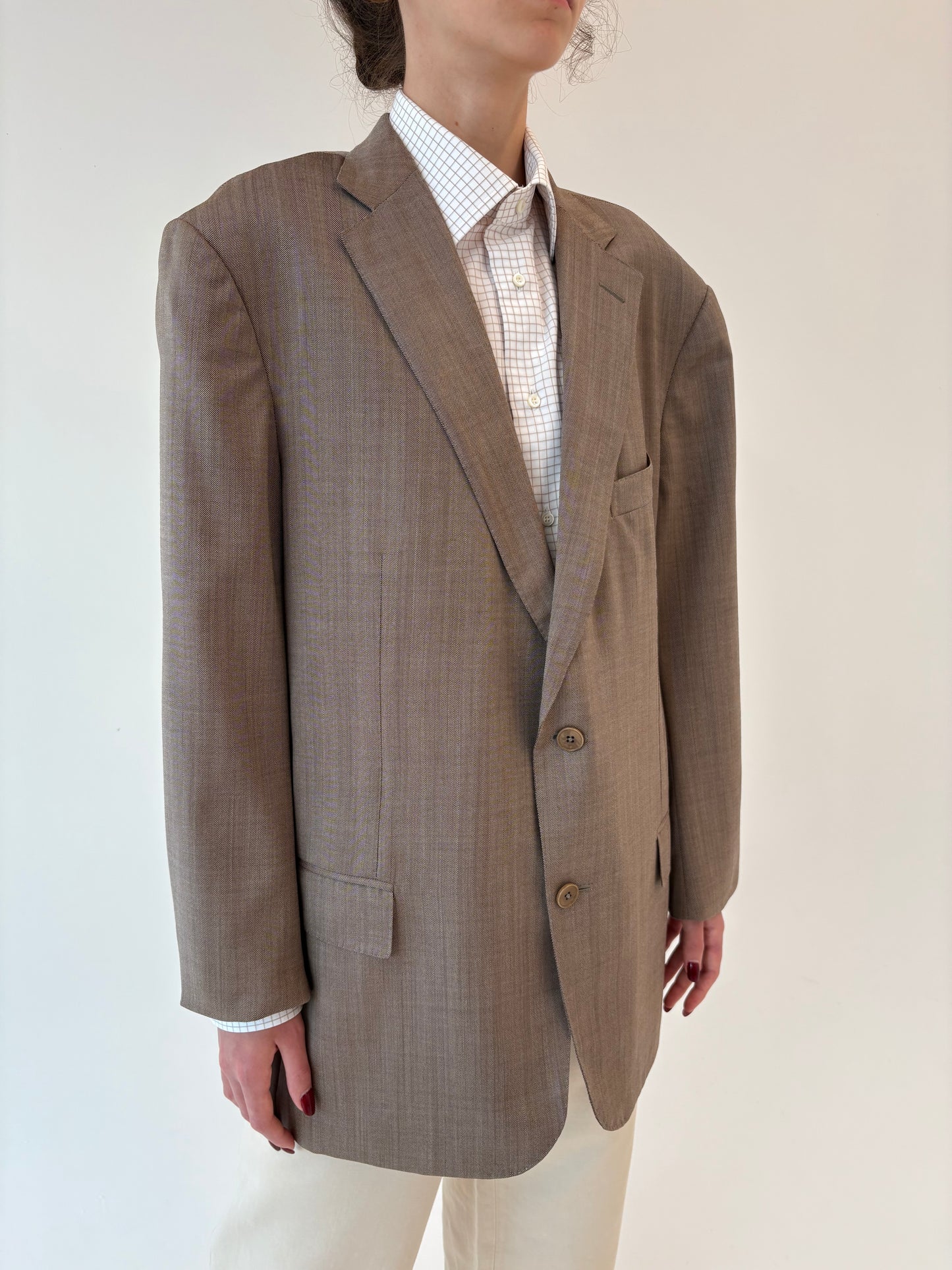 Sacou ultra luxury Zegna din stofă de lana Chevron camel și chocolate brown