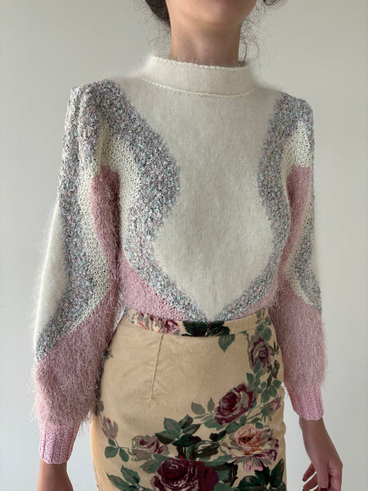 Pulover vinatge excepțional cu naturi bijuterie și 3 tipuri de tricot