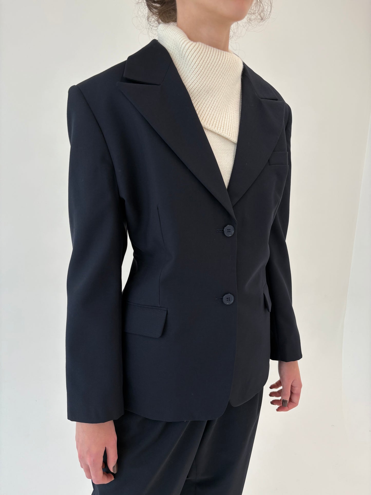 Sacou cambrat cu revere late din lana extrafina Navy blue