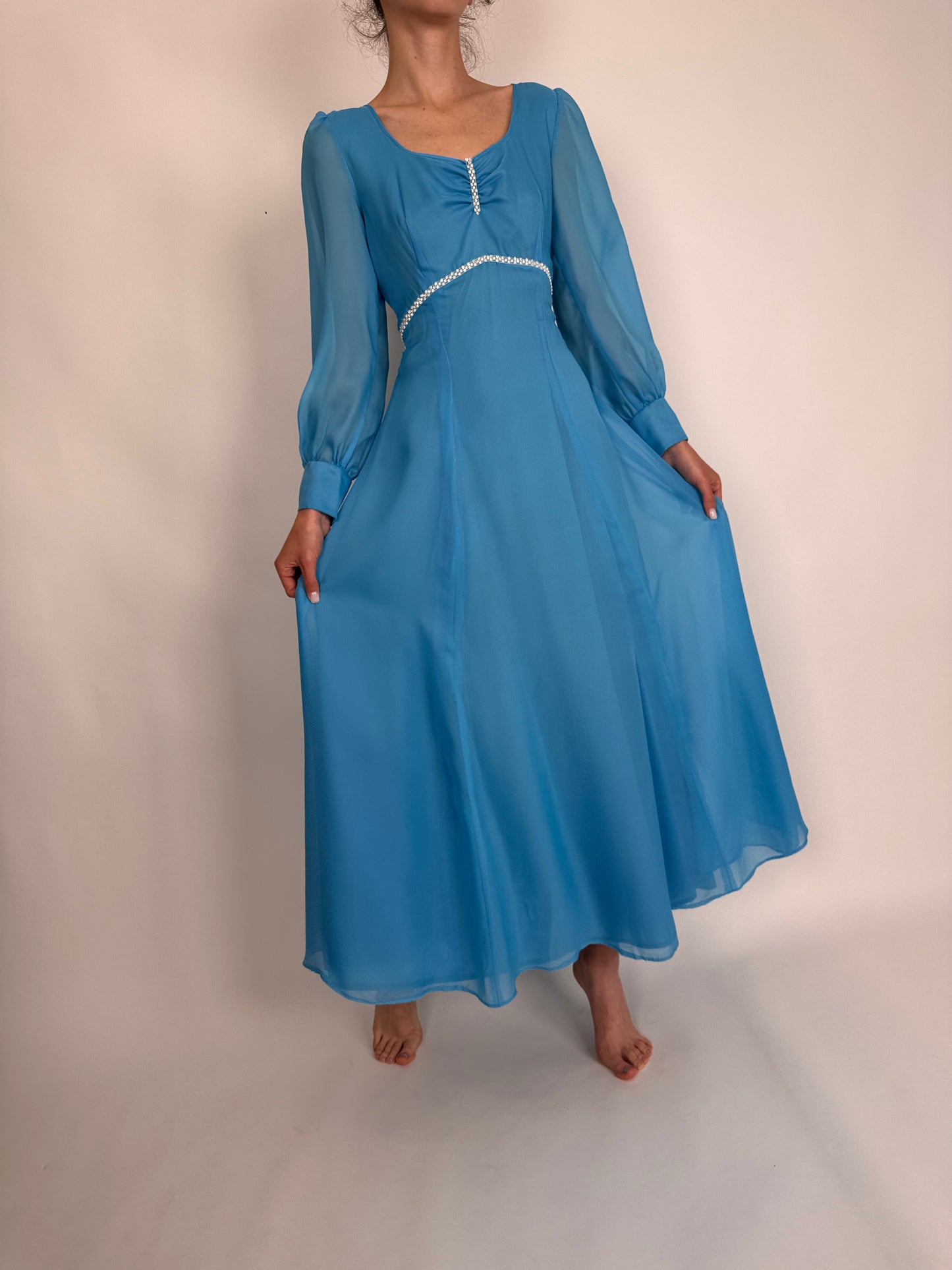 Rochie vintage albastru ciel cu talie ultra înaltă Empire