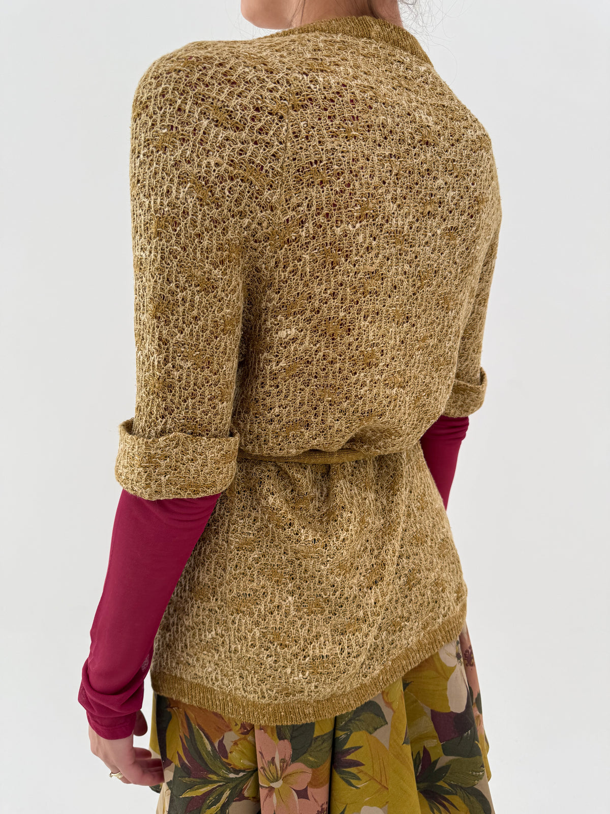 Cardigan vintage cu cordon mustard green din lana extrafina