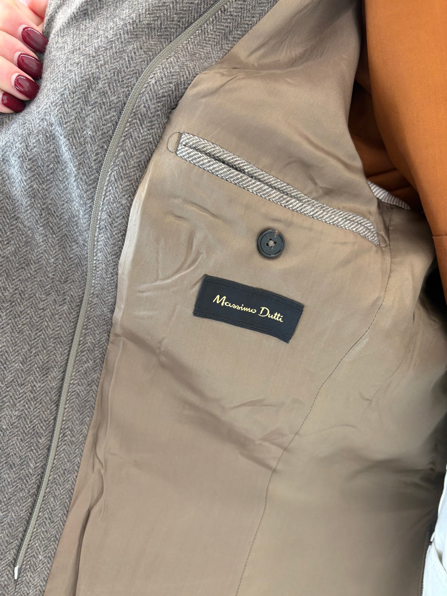 Sacou din stofă de lana Chevron plină extrafina camel și warm gray