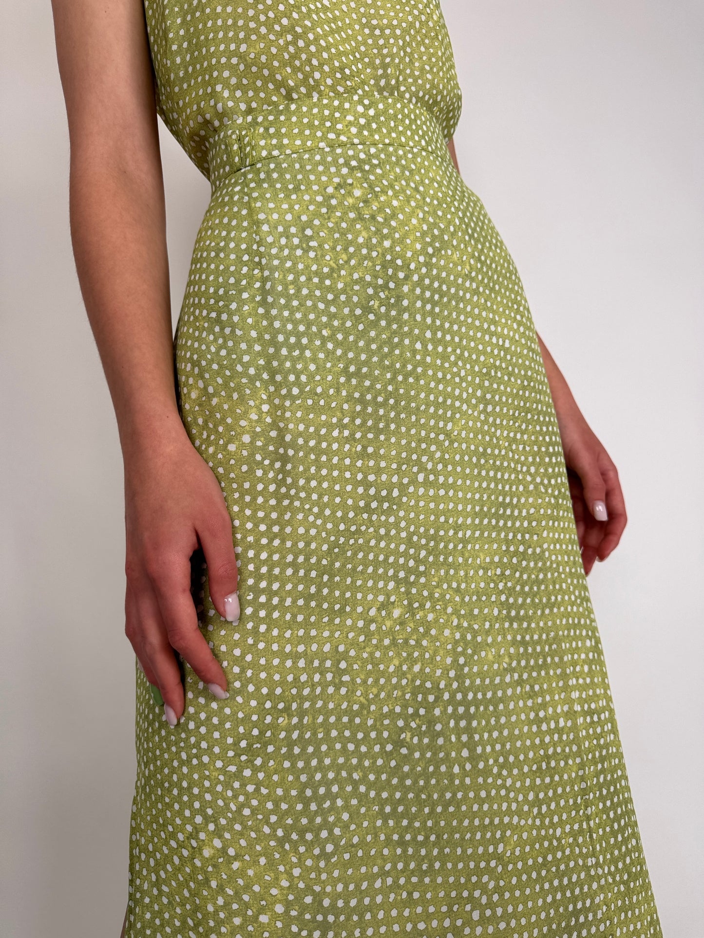 Set vintage în croi minimalist seaweed green cu buline și fustă maxi