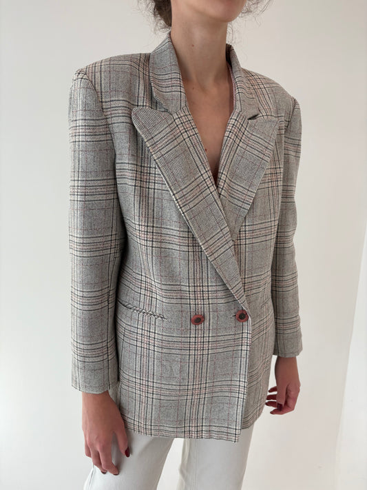 Sacou vintage cu închidere dublă și carouri fine powder pink din lana