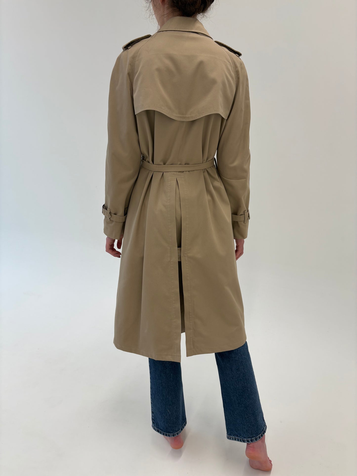 Trench vintage Burberry camel cu talie marcată reglabilă din gabardină