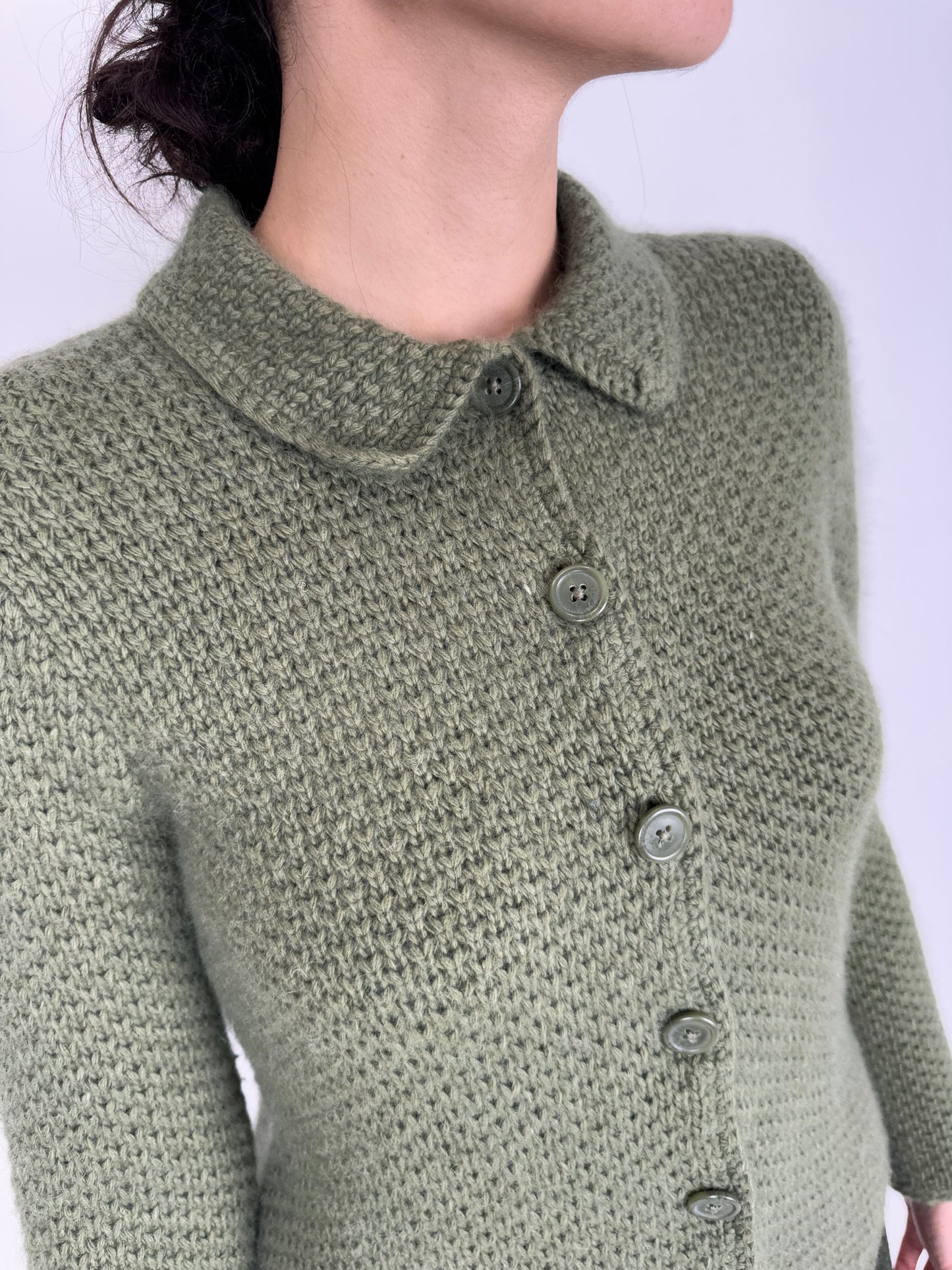 Cardigan vintage kaki texturat cu guler din lana extrafina și Angora