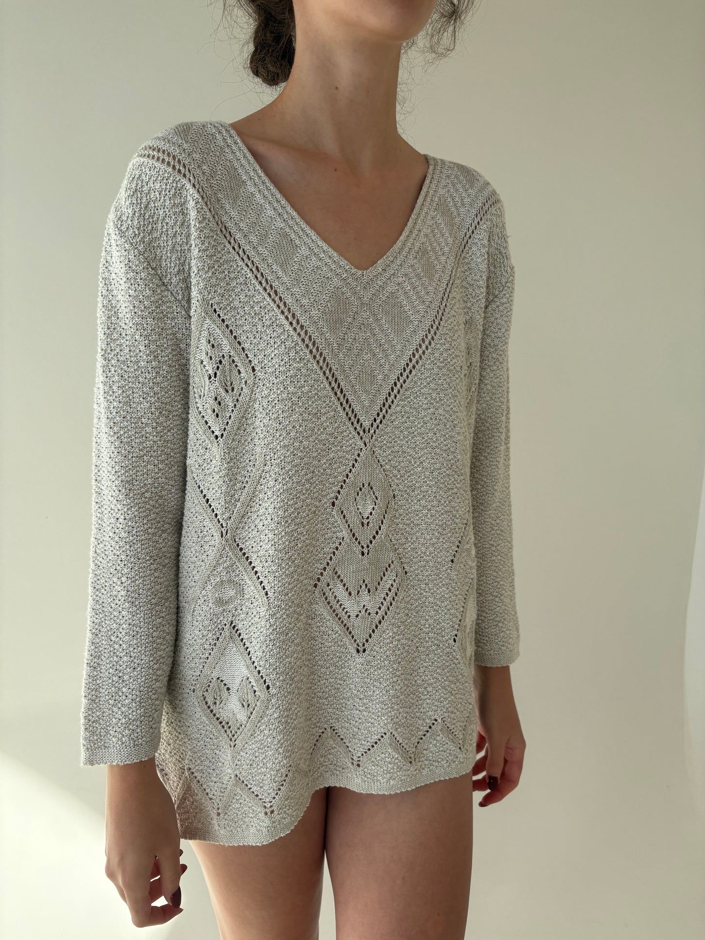 Pulover vintage warm gray dantelat din bumbac gros de gramaj mare