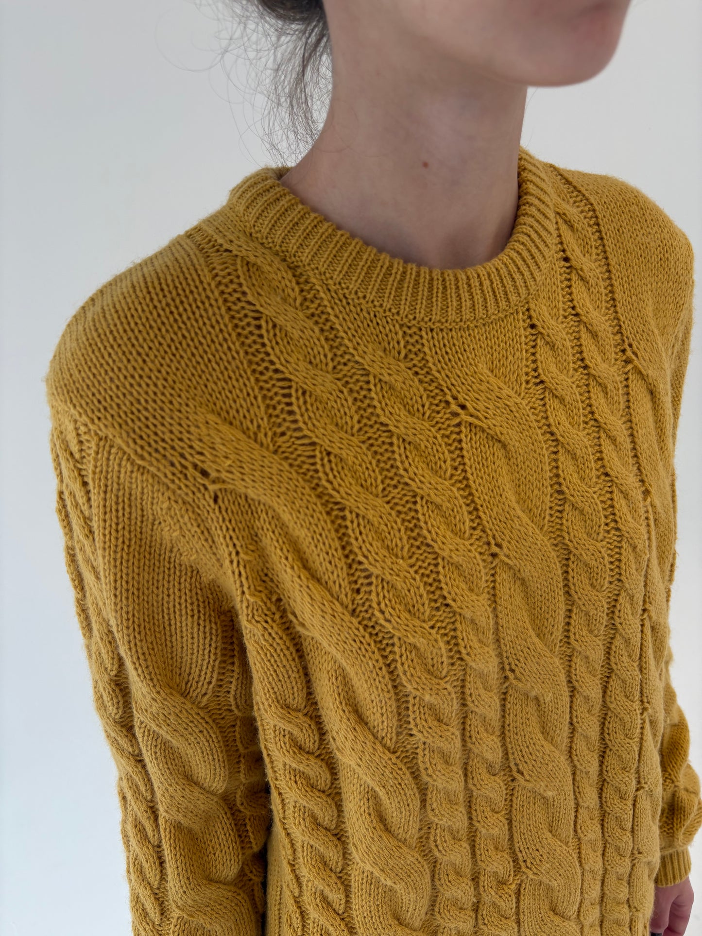 Pulover italian mustard yellow gros cu torsade din lana extrafina