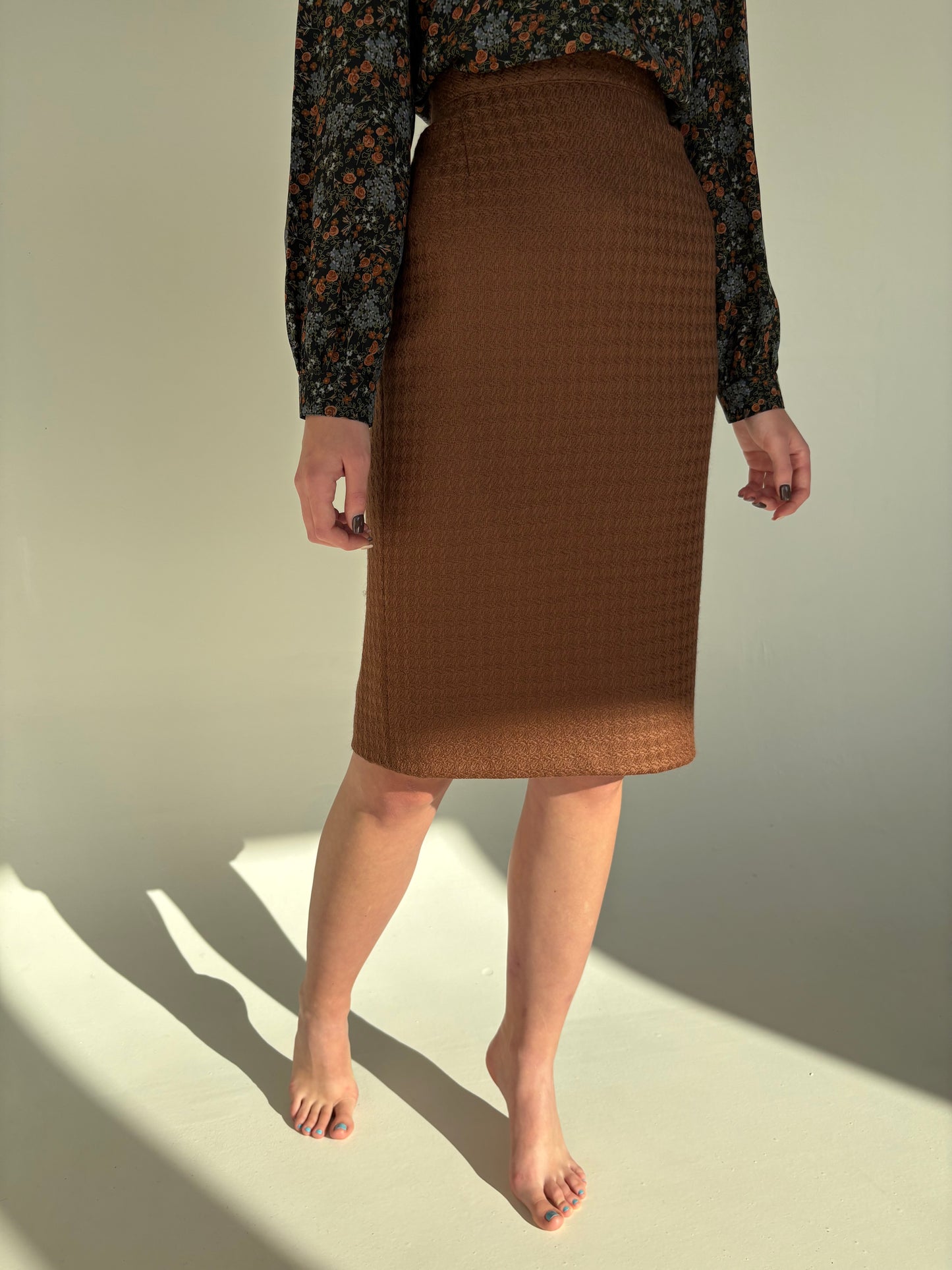 Fustă caramel brown din tweed excepțional de lana cu talie ultra înaltă