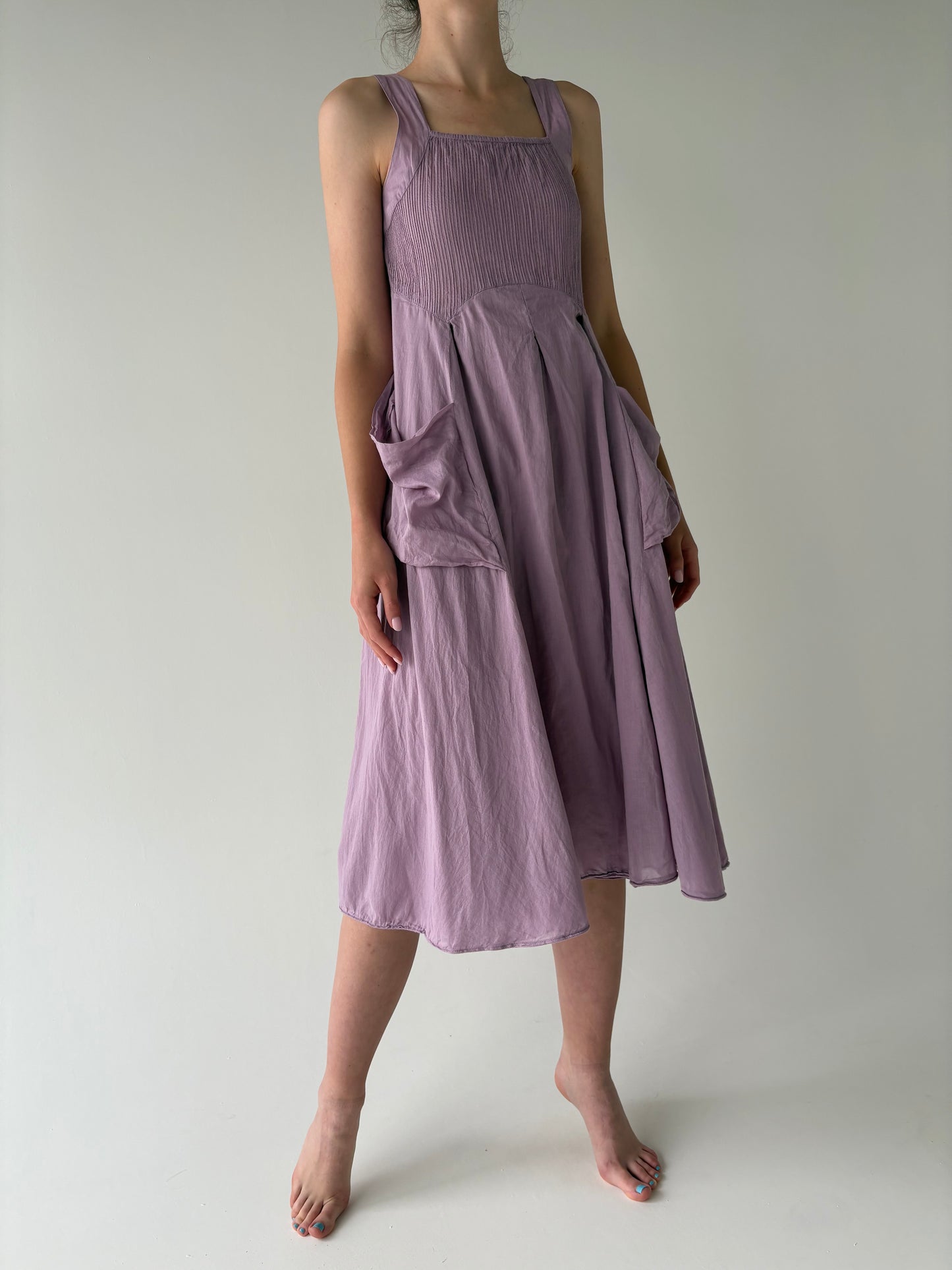 Rochie lavandă cu bust elastic din panzica de bumbac