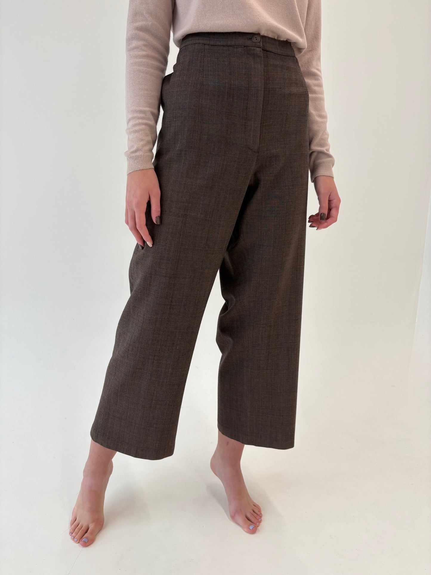 Pantaloni chocolate brown din lana extrafina cu talie înaltă