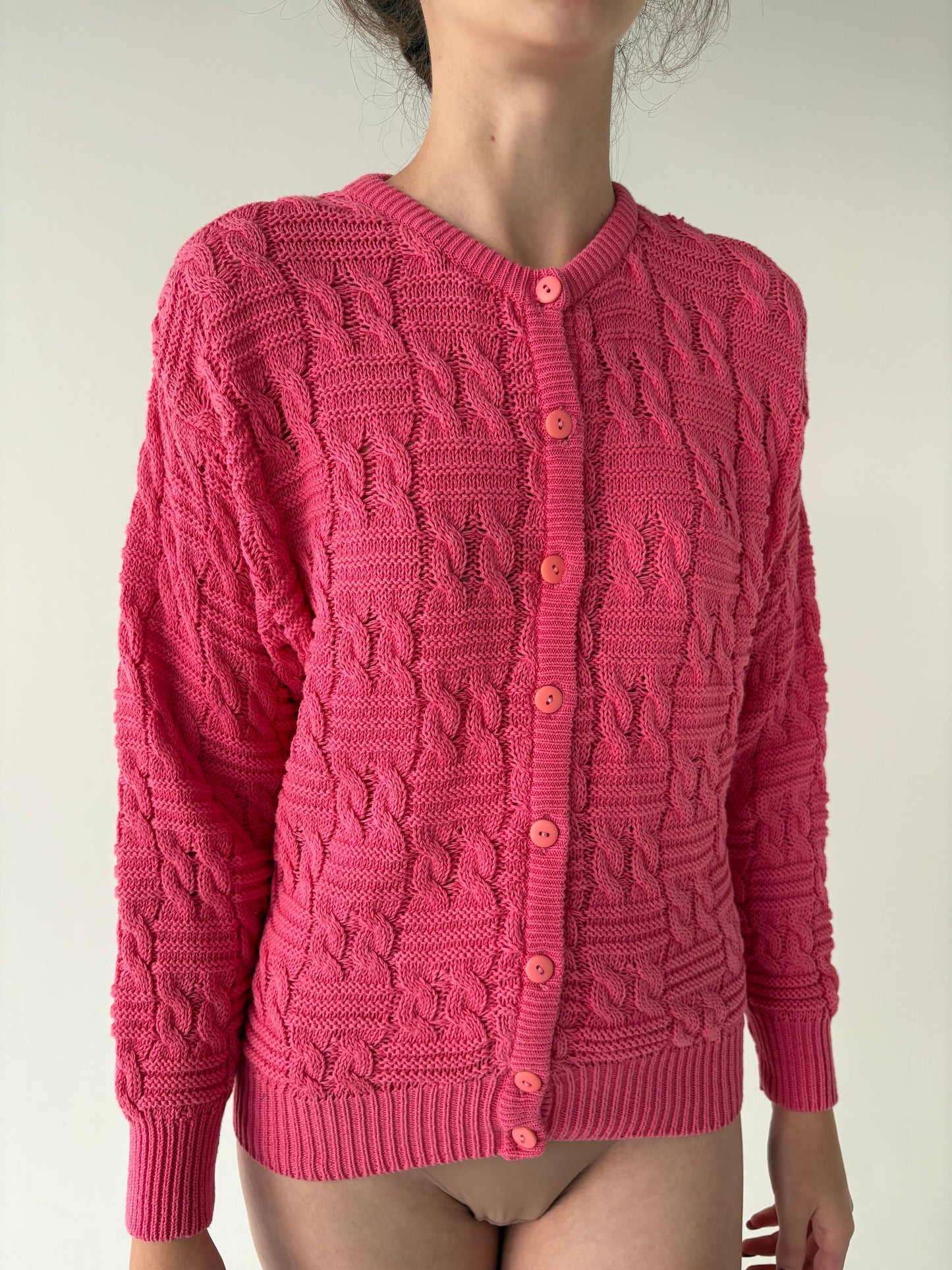 Cardigan vintage italian Barbie pink din bumbac gros de gramaj mare