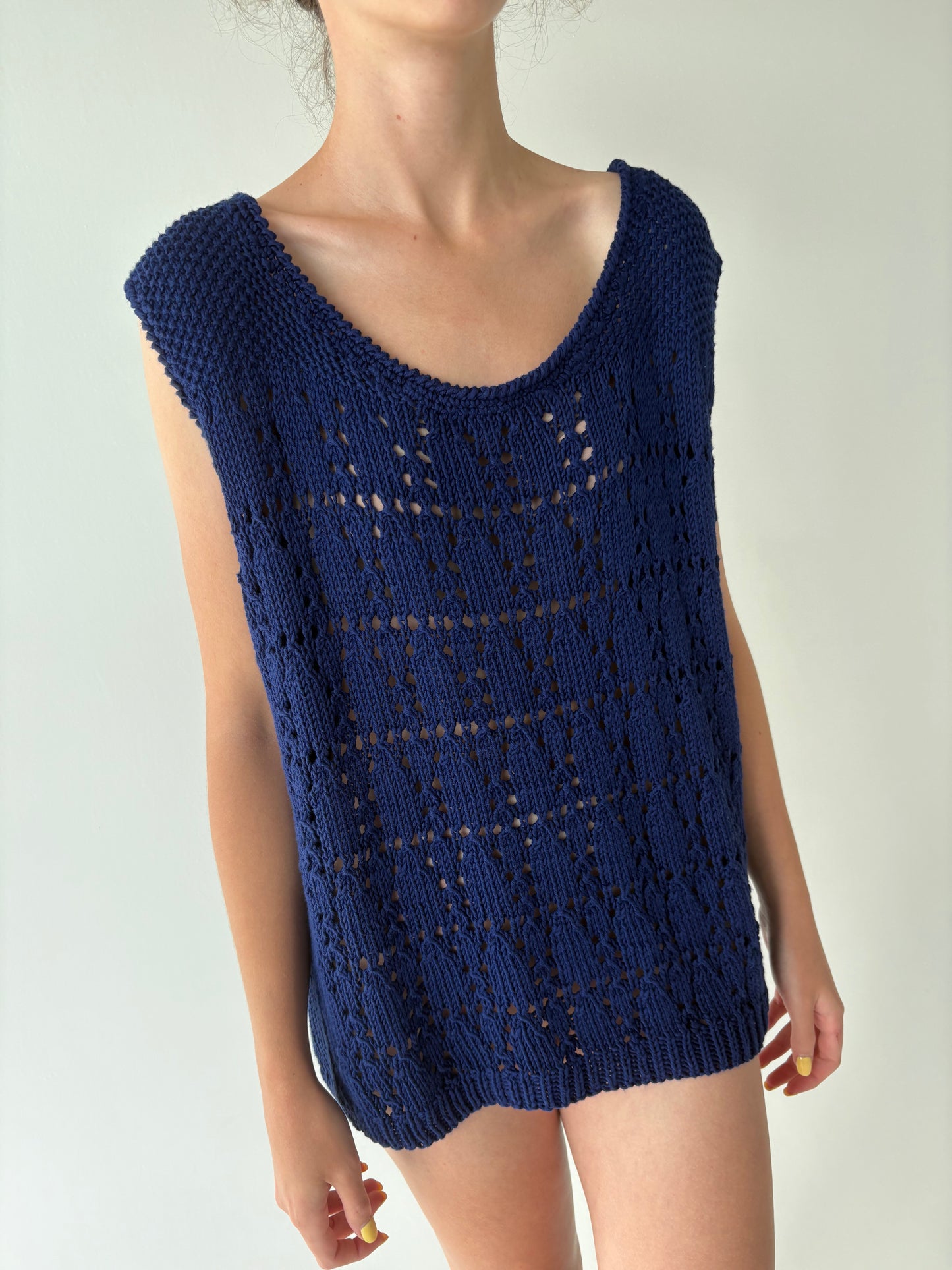 Top vintage albastru cerneală din jerse dantelat