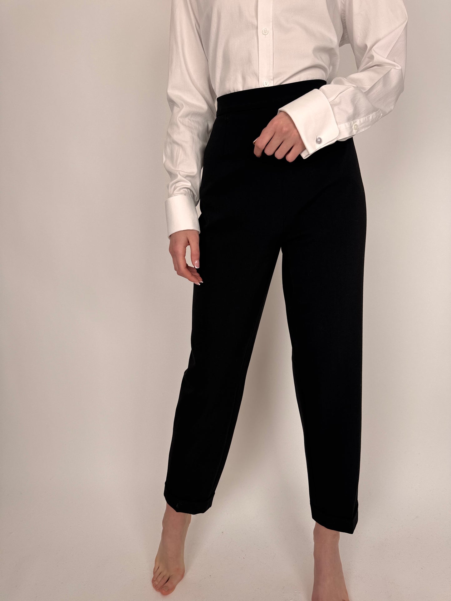 Pantaloni negri tall din stofita strech de primăvară cu talie ultra înaltă