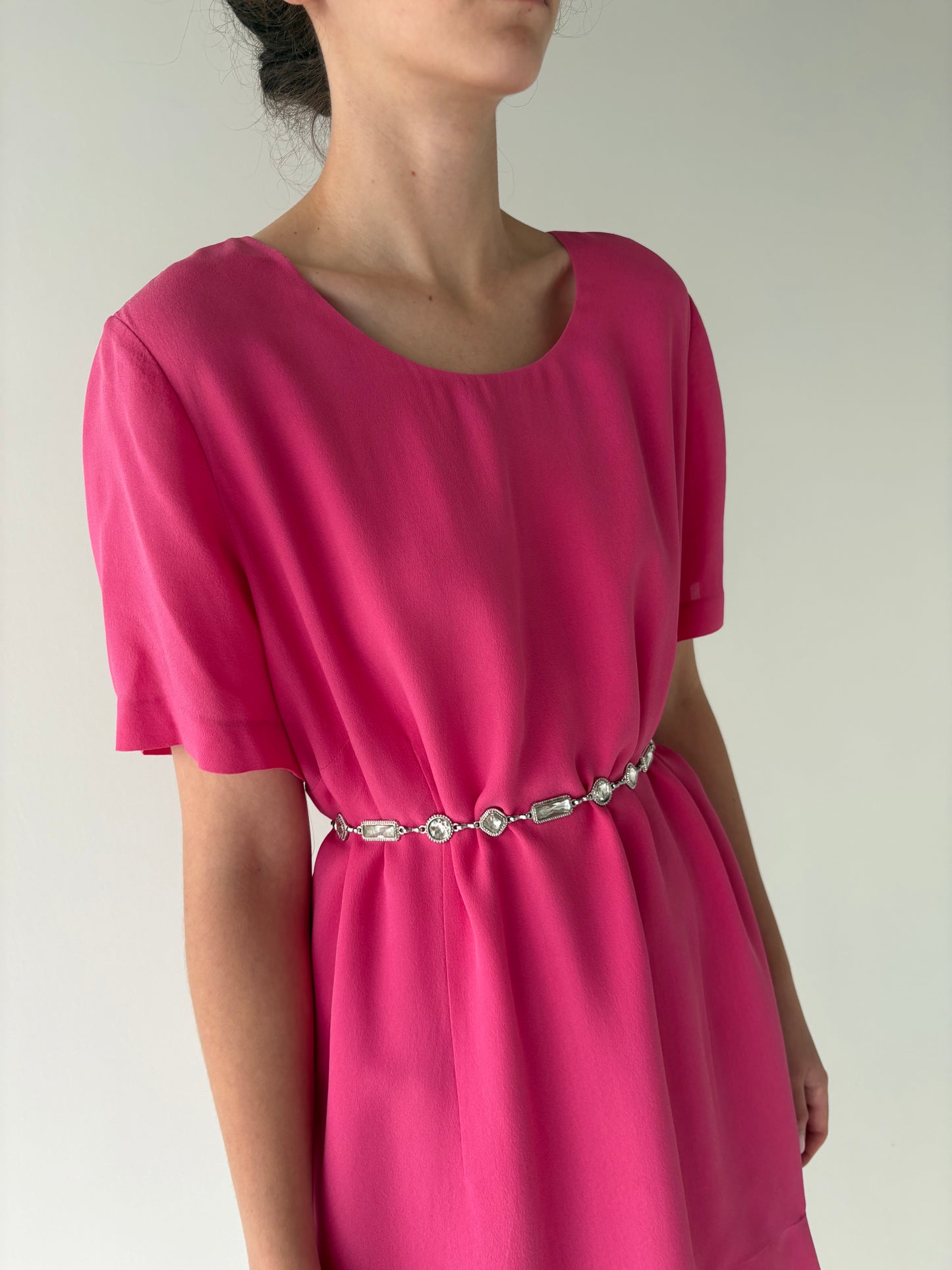 Rochie luxury fucsia Elegance din mătase naturală mată cu volane