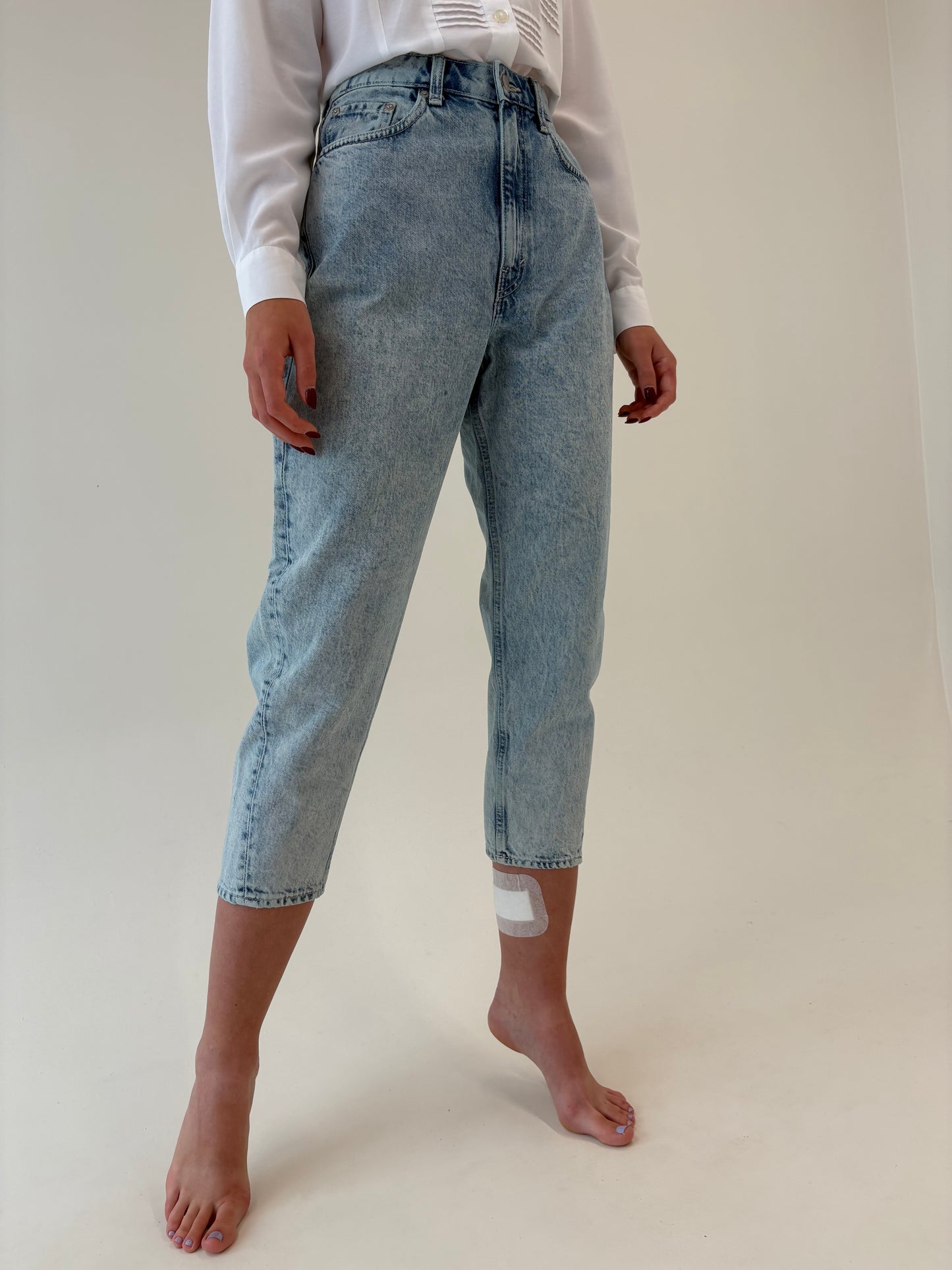 Jeans Barrel petite cu talie ultra înaltă mom fit stone wash