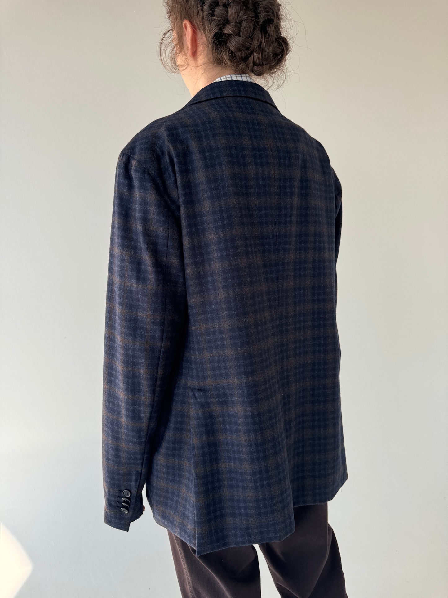 Sacou italian în carouri Navy cu chocolate brown din lana super 110’s
