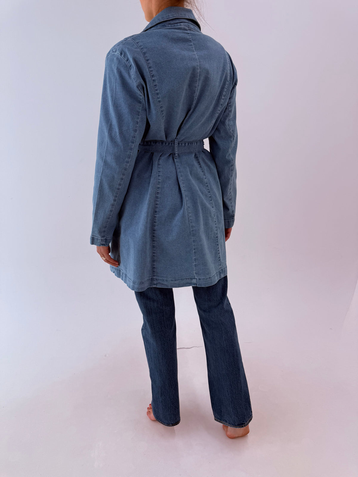 Trench din jeans moale classic wash cu închidere dublă și cordon