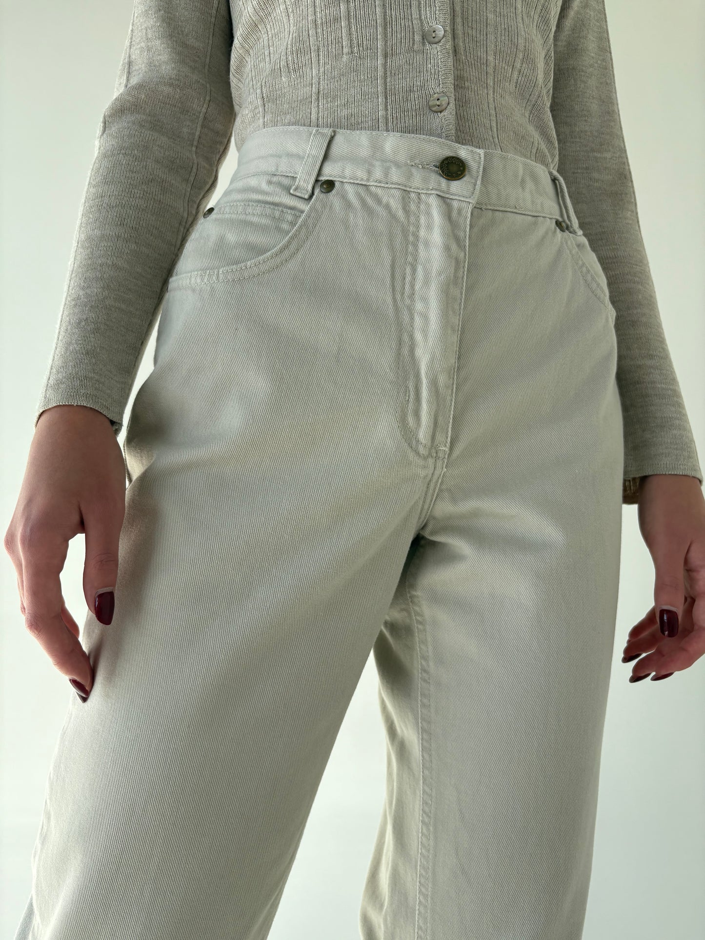 Jeans premium vintage petite light nude  din jeans plin cu talie înaltă